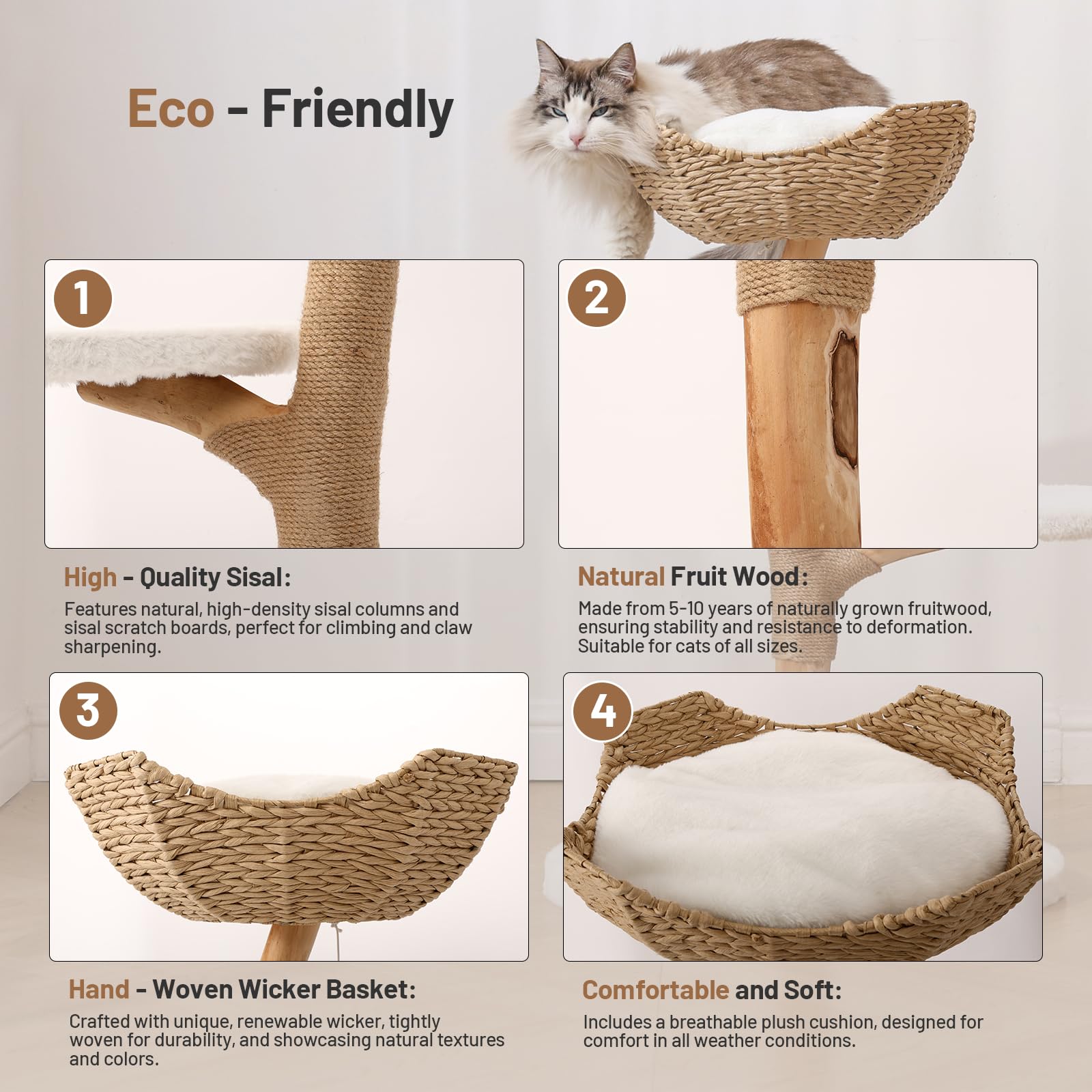 Bumubi Modern Cat Tree Tower Solid Wood For Indoor Cat Large Adult Cat Climbing Condo With Scratching Post Bed And Stand