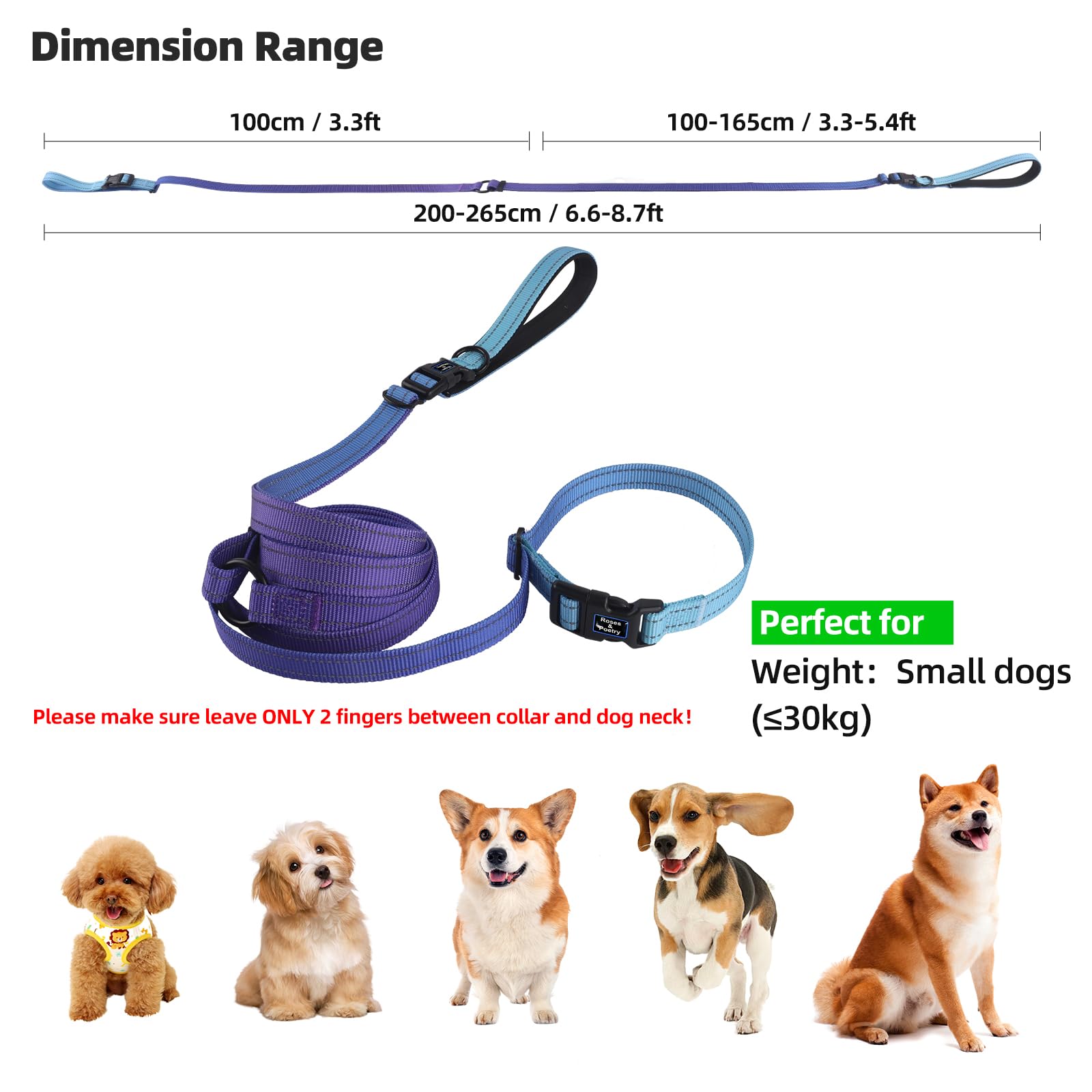 Roses&Poetry Hands Free Dog Leash For Small Dogs, All-In-One Leash & Collar 6.6-8.7Ft Adjustable Waist Crossbody Leash For Dog W