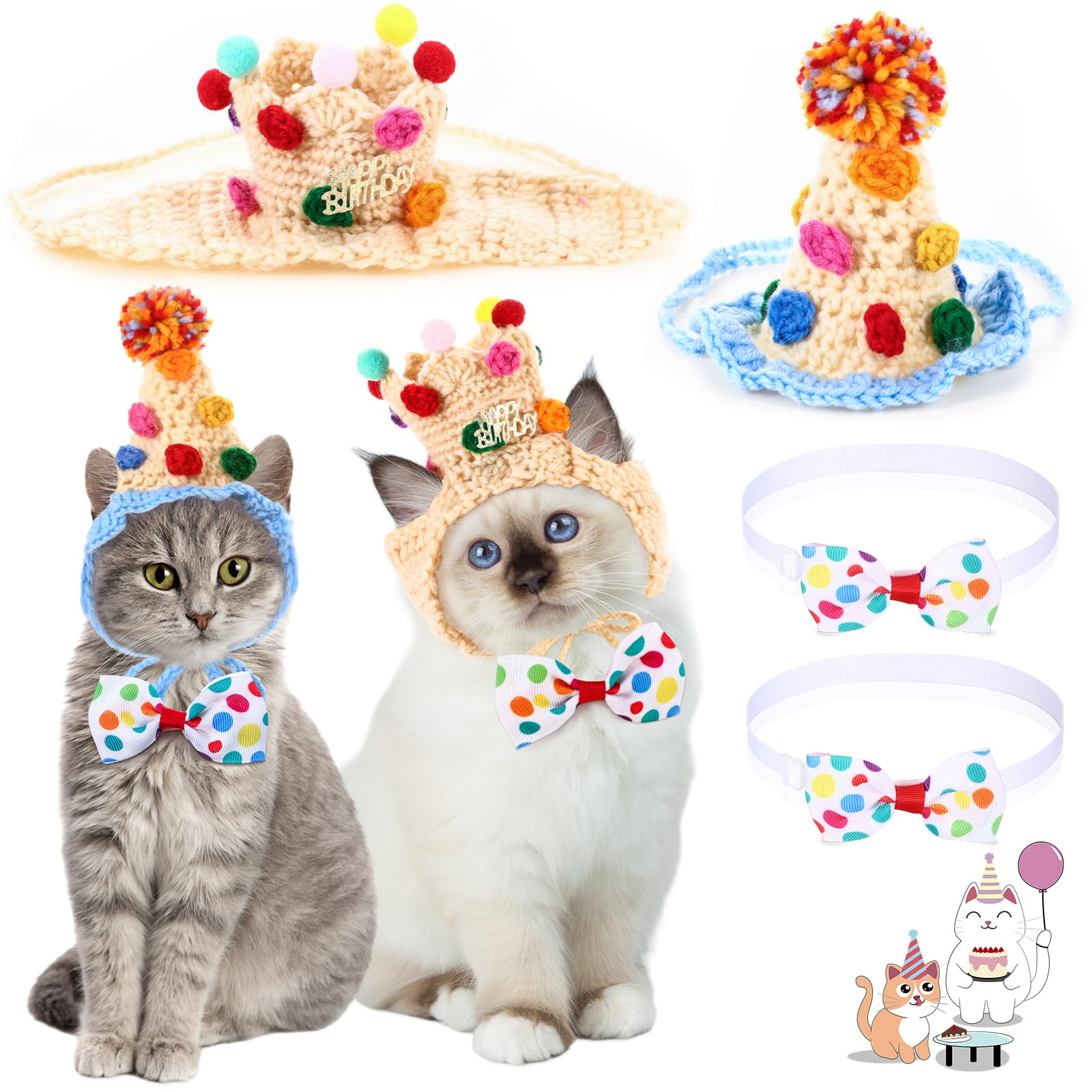 Ganeen 4 Pack Cat Birthday Hat Crochet Happy Birthday Cat Party Outfit Small Animal Top Hats Headband Rabbit Bow Tie Pet Hat Hea