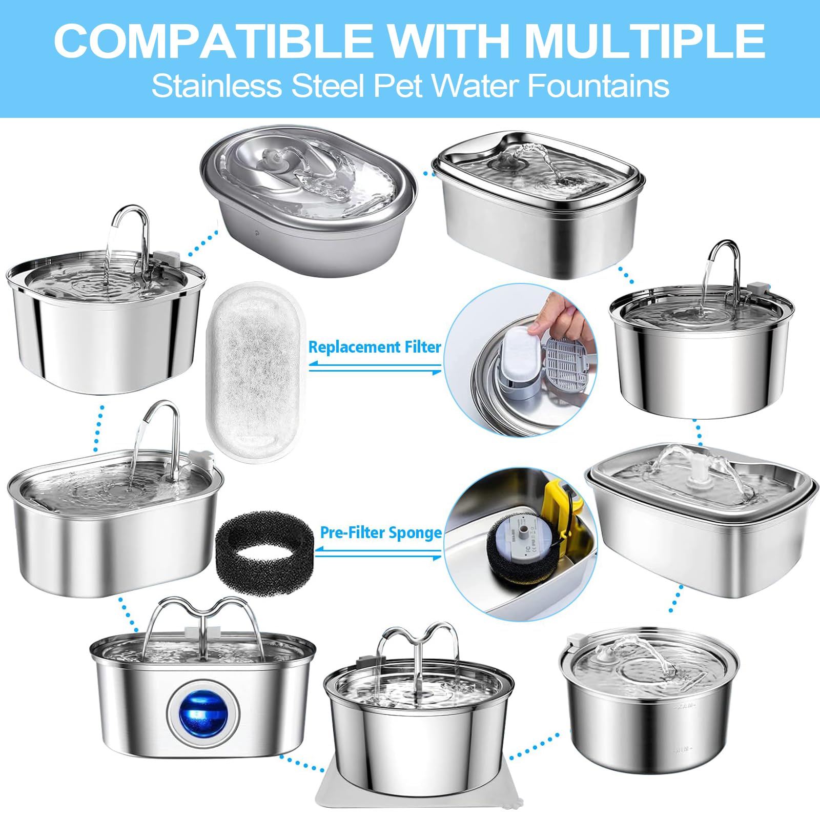 Cat Water Fountain Filter For Stainless Steel 108Oz/3.2L& 67Oz/2L Automatic Pet Water Dispenser Fountian Replacement Filter With