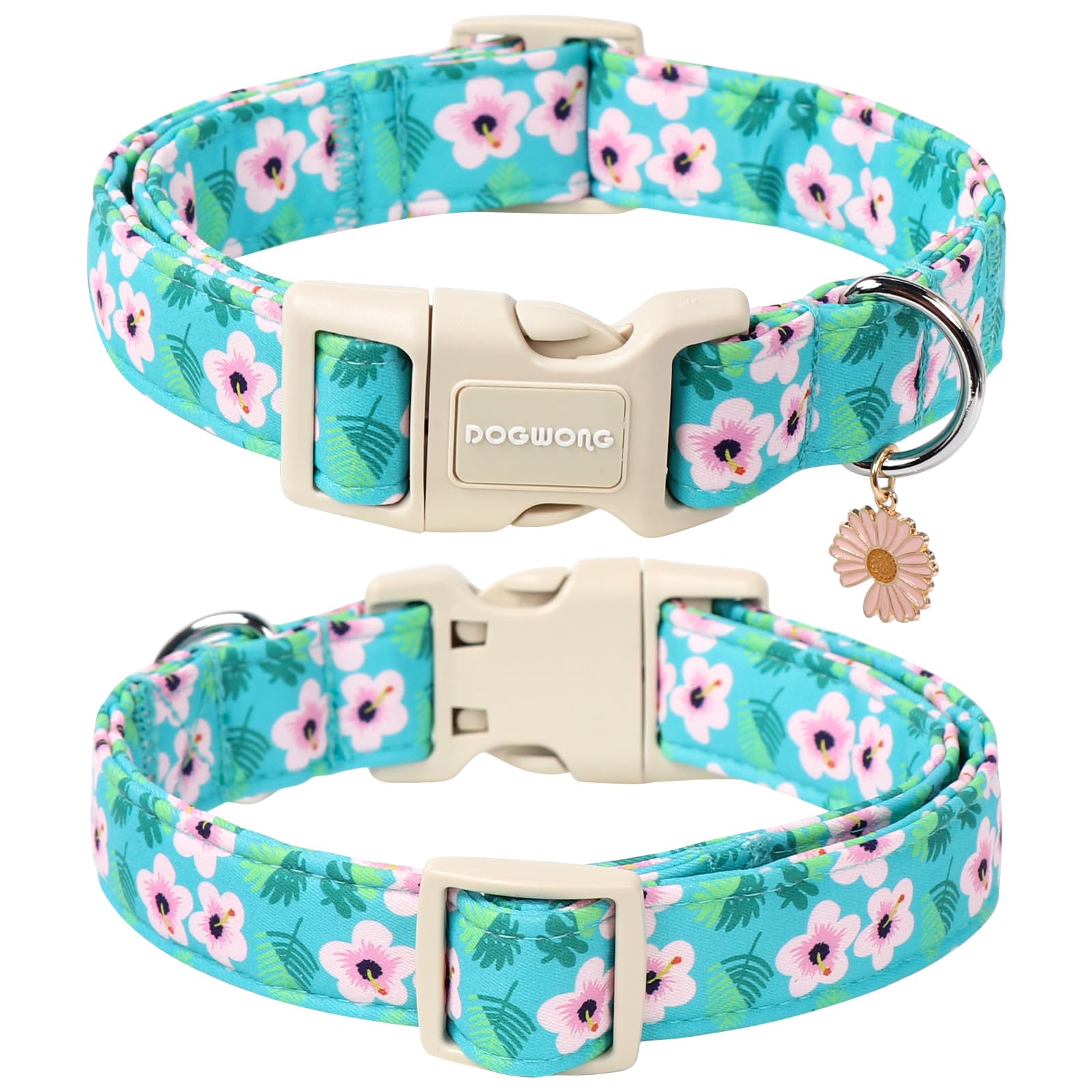 Dogwong Spring Floral Cotton Dog Collar, Pink Flower Dog Collar Durable Soft Fabric Pet Dog Collars Cute Beachy Girl Female Pupp