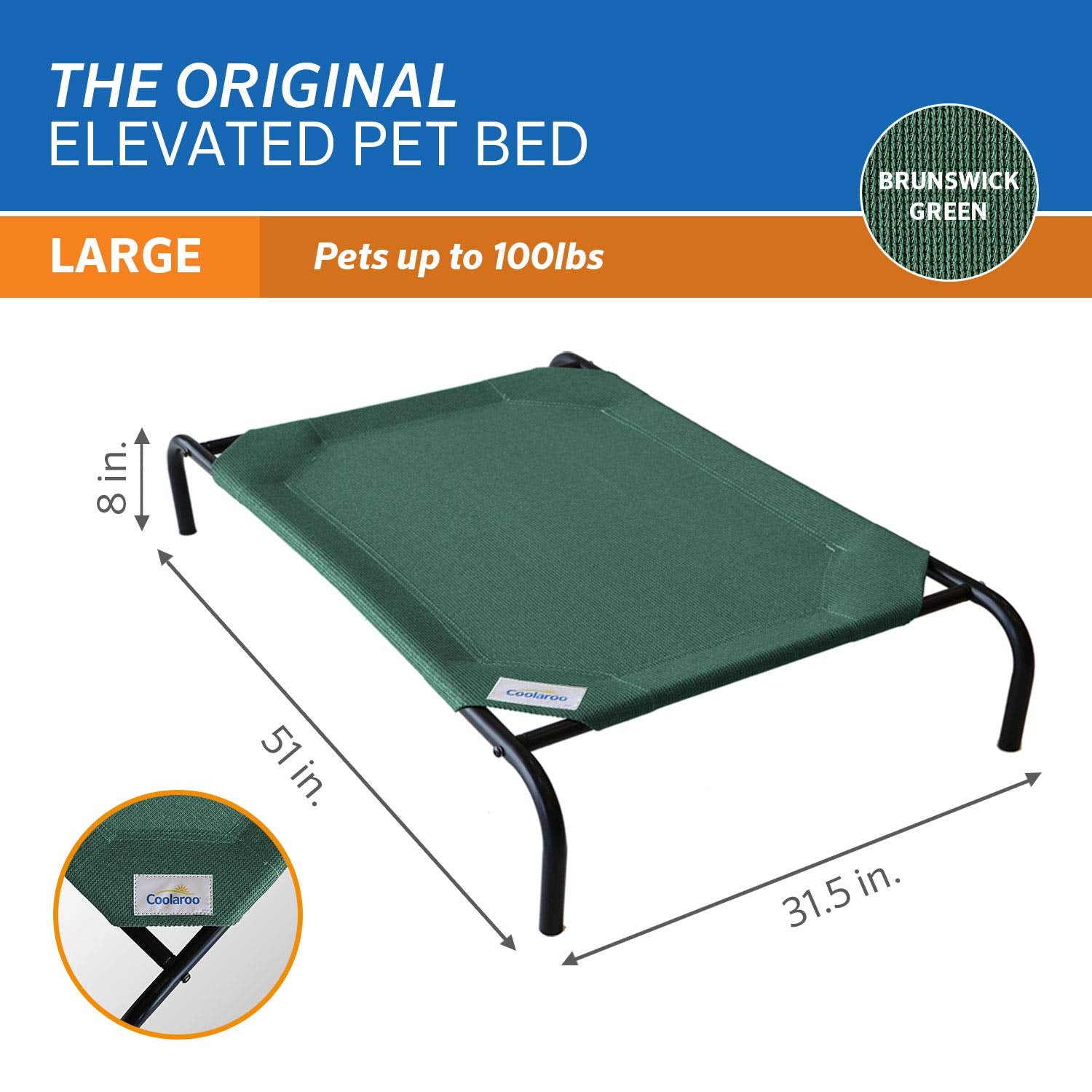 Coolaroo Gale Pacific The Original Cooling Elevated Dog Bed, Indoor And Outdoor, Large, Brunswick Green, 51.00' X 31.50' X 8.00'