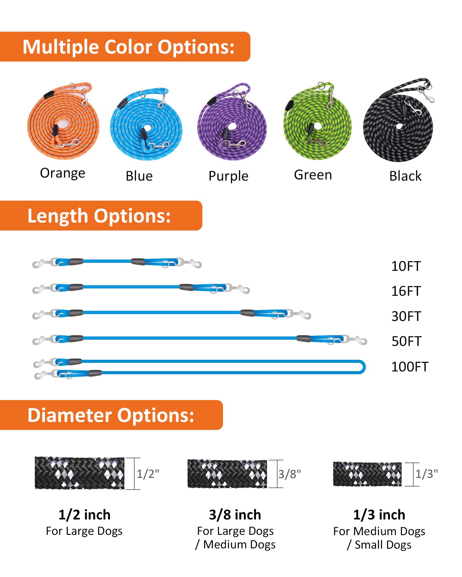 Long Dog Leash For Dog Training 10Ft 16Ft/30Ft/50Ft/100Ft, Reflective Threads Rope Check Cord Dog Leash, Heavy Duty Dog Lead For Large Medium Small Dogs Walking Playing, Camping, Or Yard