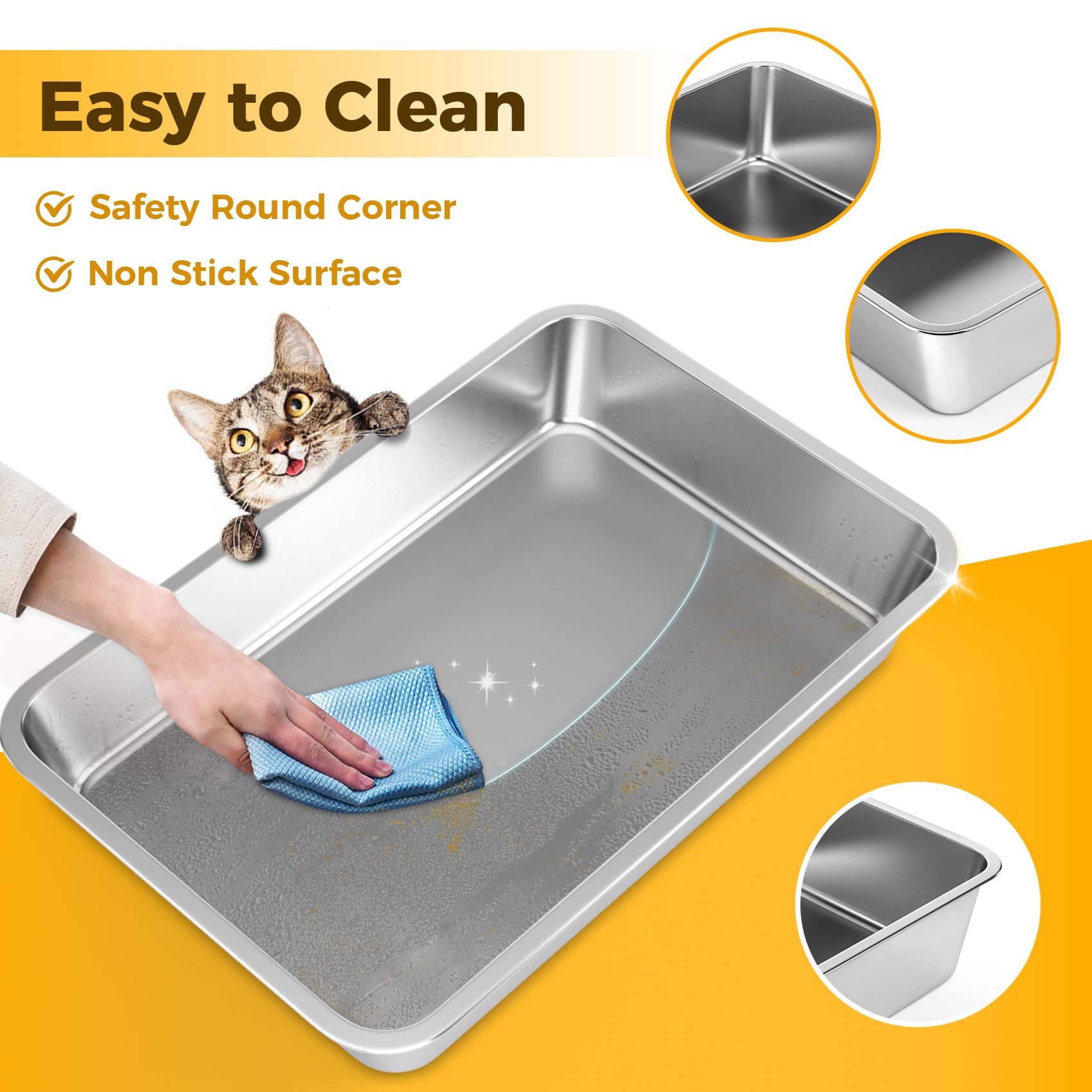 Lihong Stainless Steel Cat Litter Box,Large Metal Litter Box For Small Cats Hamster Rabbits,No Smell,Non Stick,Easy To Clean(24'