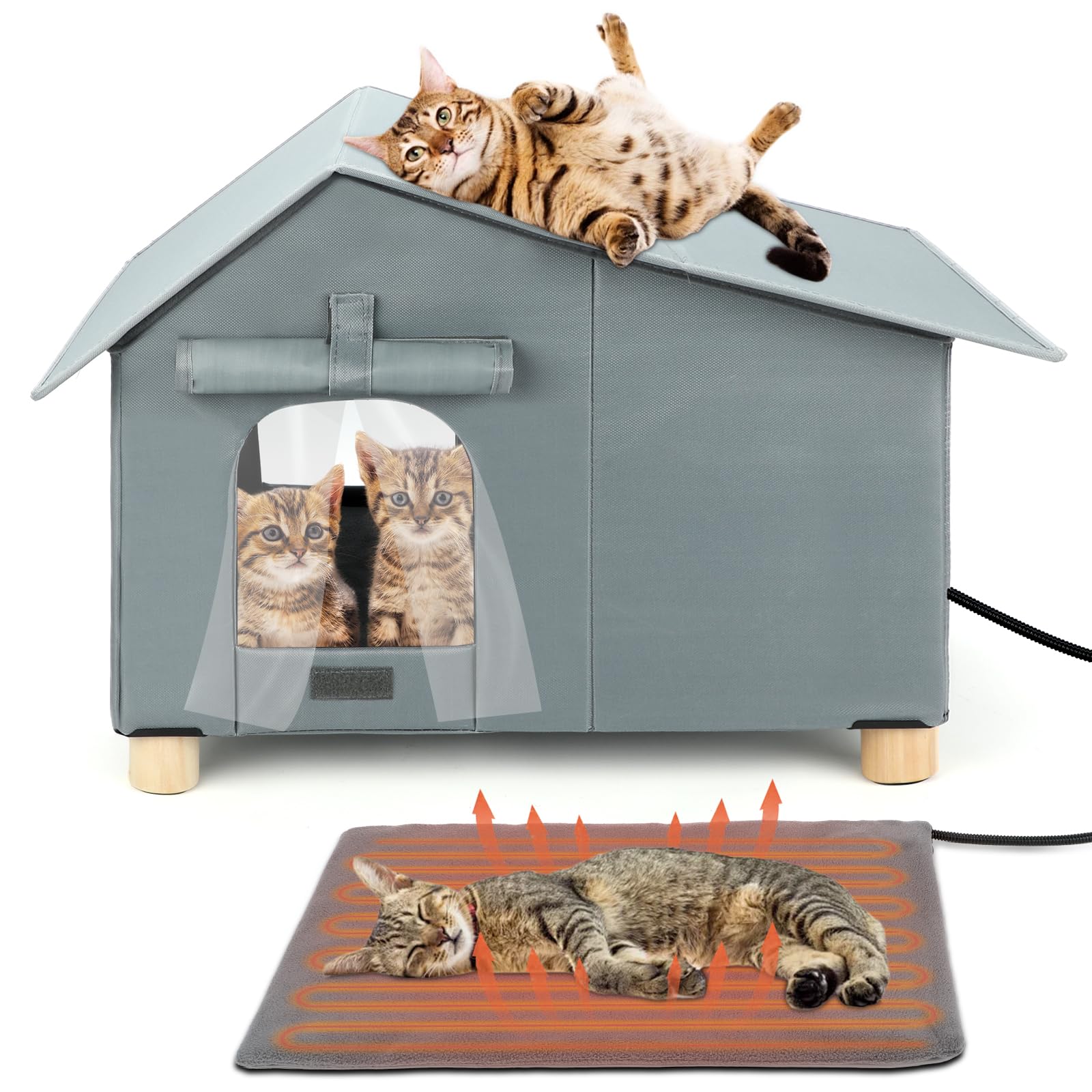 Bwogue Elevated Heated Cat House For Outdoor Cats,Extra-Wide Weatherproof Heated Cat Shelter For Winter Warm Insulated Safe Pet 