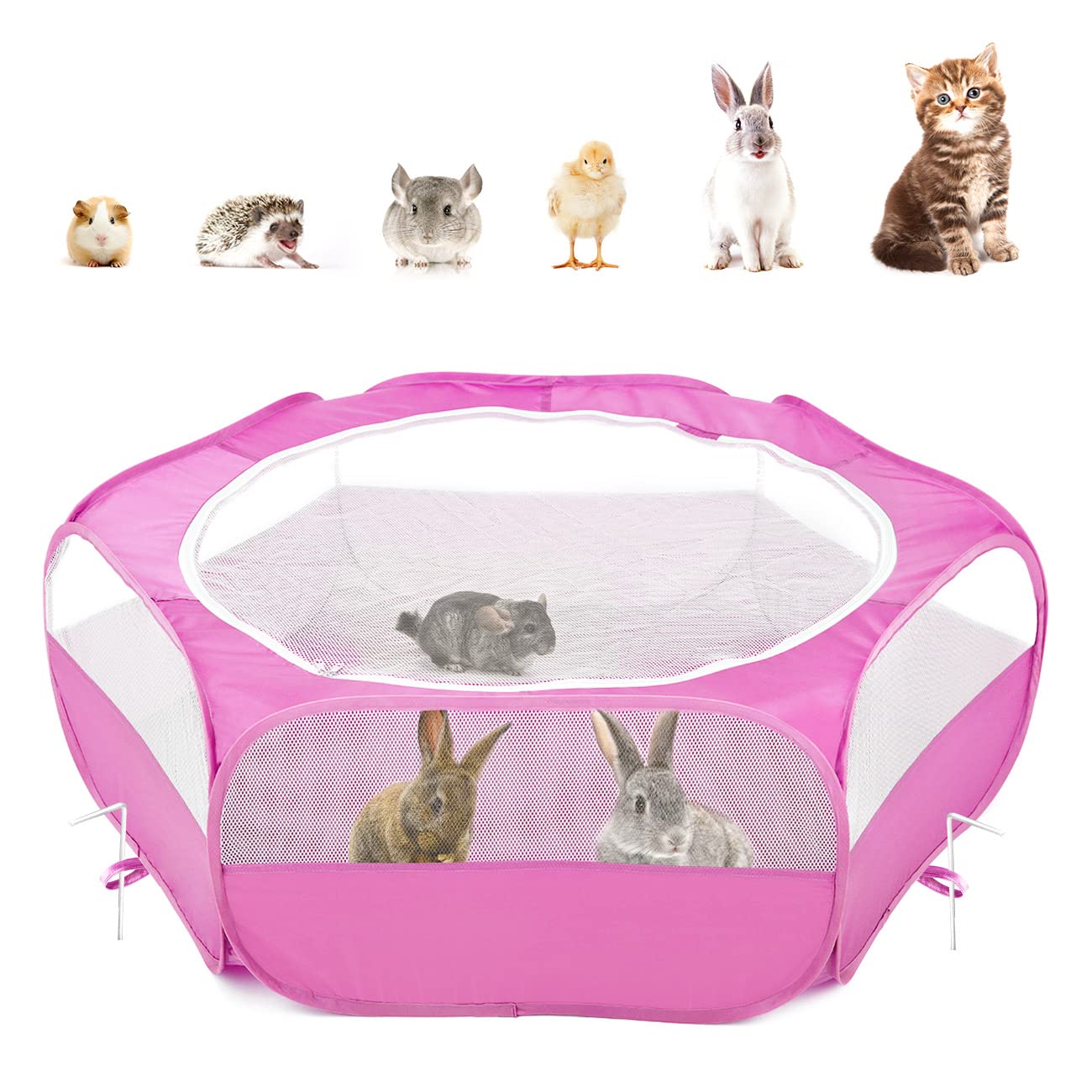Pawaboo Small Animals Playpen, Waterproof Small Pet Cage Tent With Zippered Cover, Portable Outdoor Yard Fence With 3 Metal Rod 