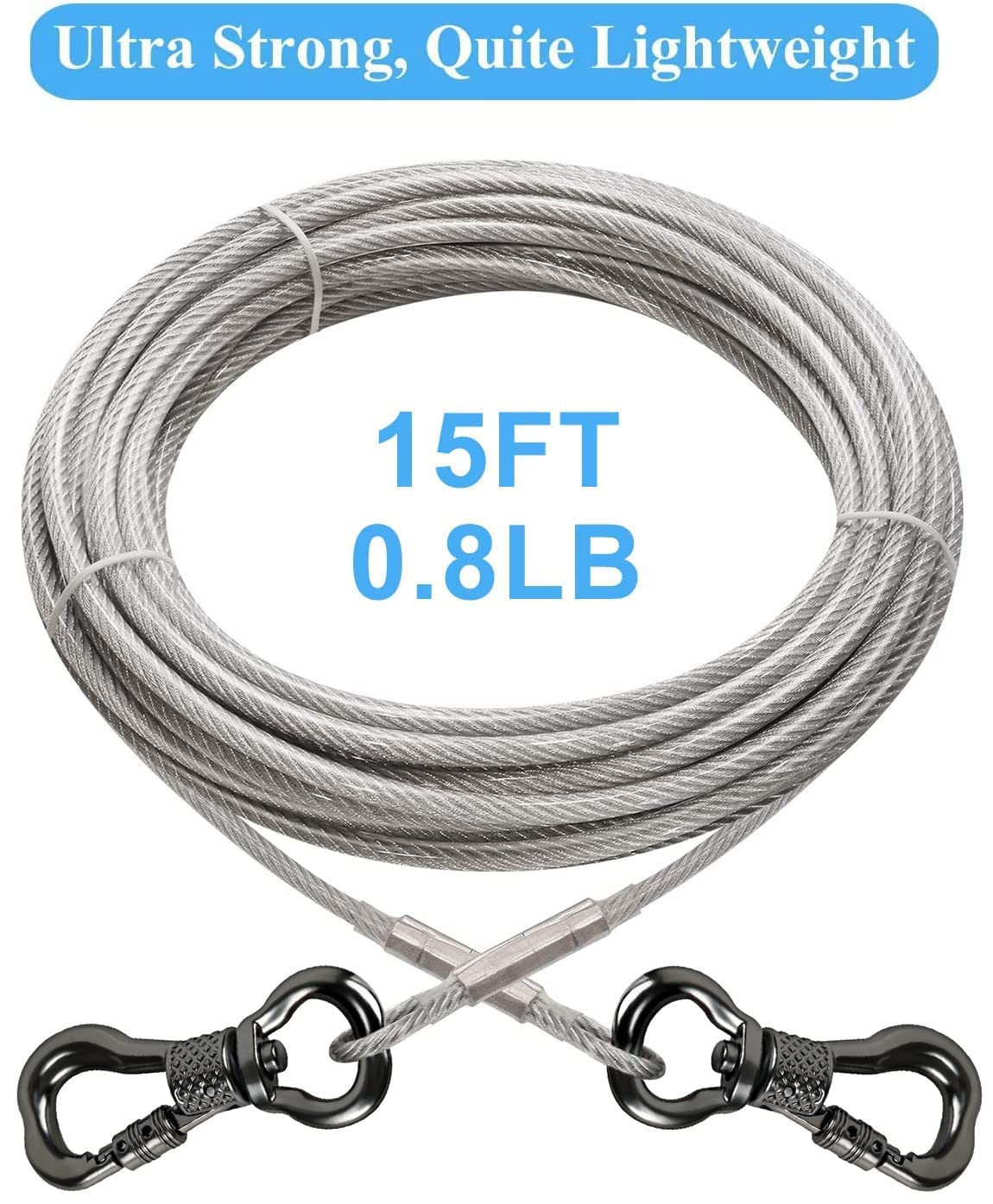 Xiaz Dog Runner Tie Out Cable For Dogs Up To 60/120/250 Pound, 10Ft 15Ft 20Ft 25Ft 30Ft 40Ft 50Ft 60Ft 70Ft 100Ft 120Ft Dog Lead Line For Yard, Camping, Park, Outside (Silver, 250Lbs 15Ft)