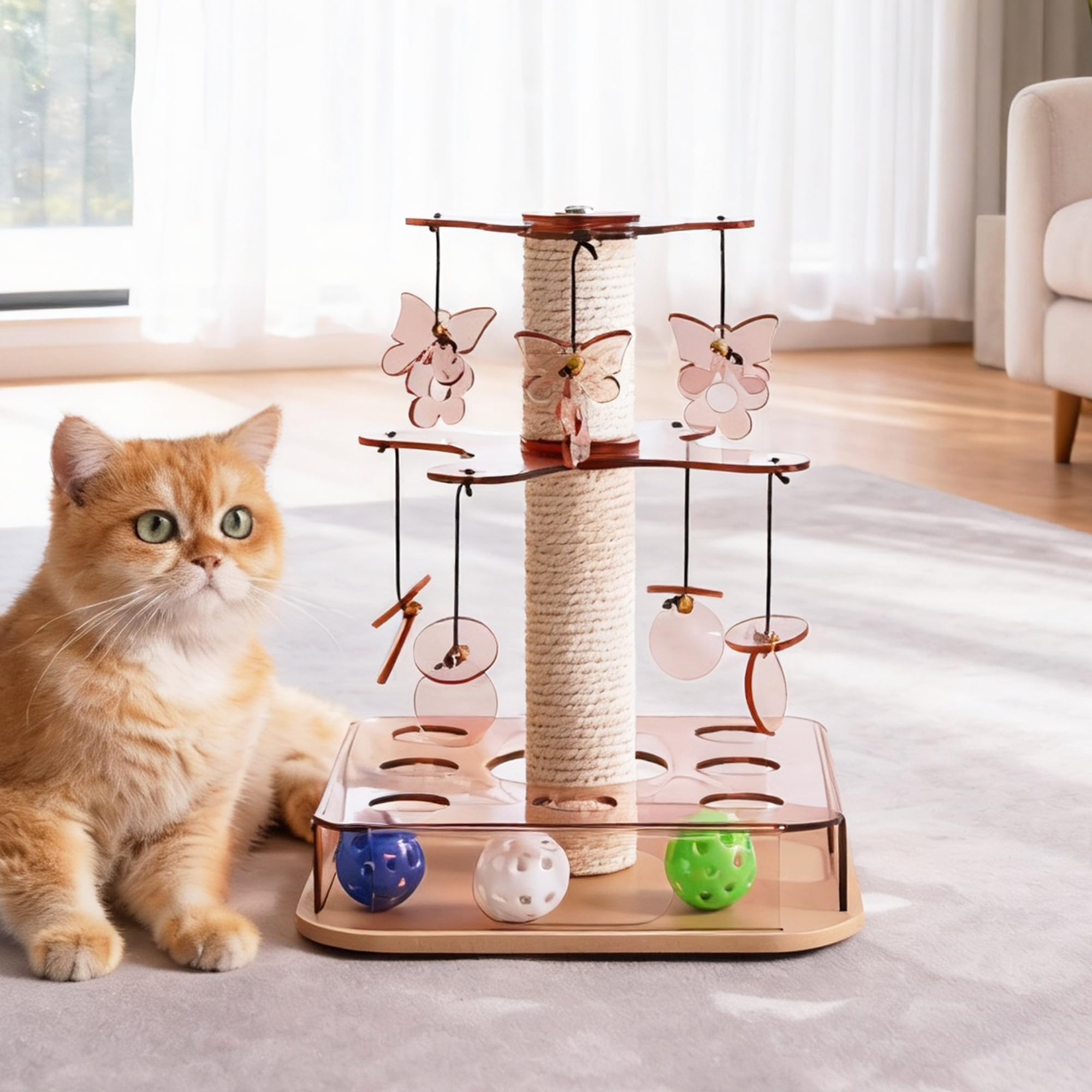 Kicari Modern 3-in-1 Interactive Cat Toy with Scratching Post, Cat Puzzle Toys for Indoor Cats with Colorful Jingle Balls, 2-Lay