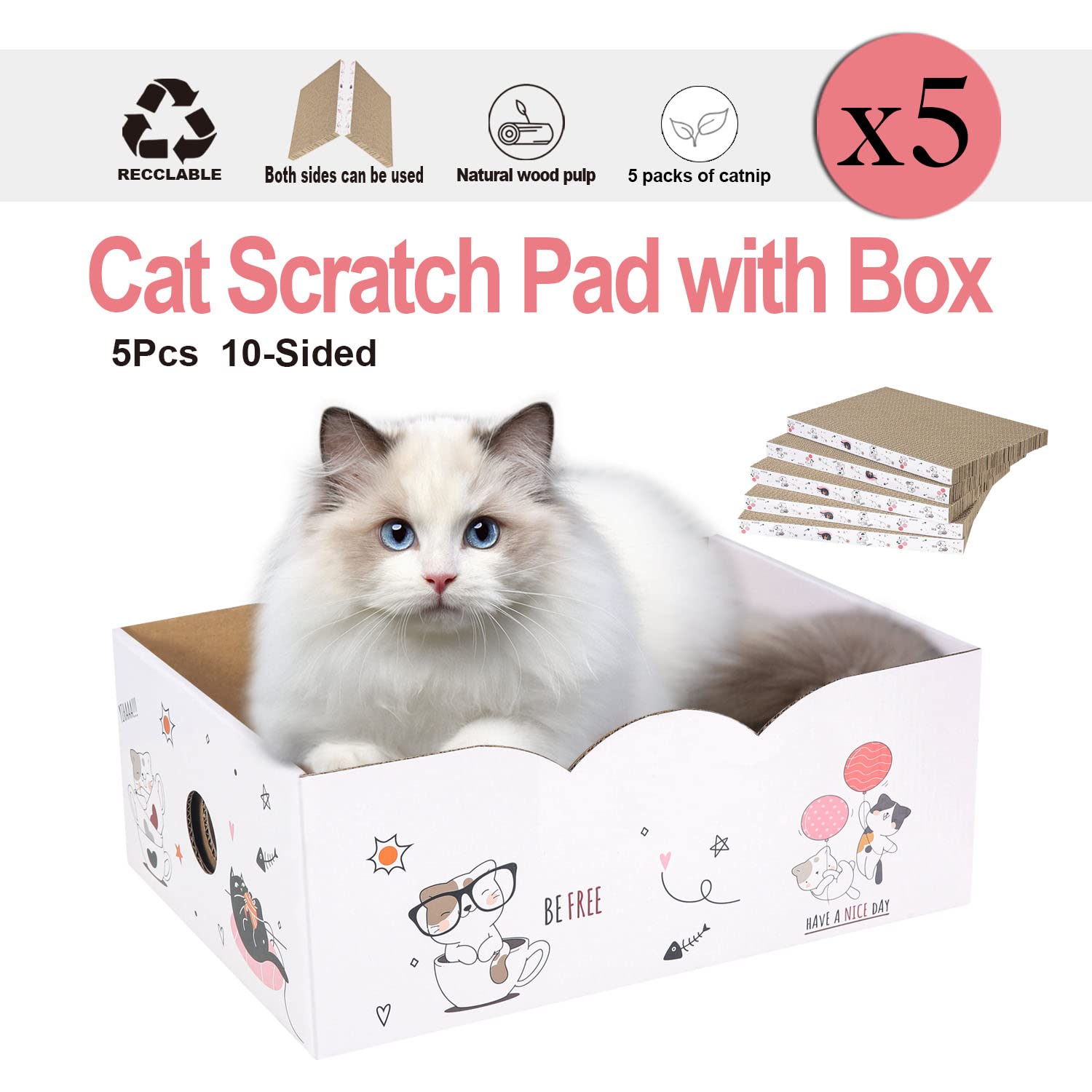 5 Packs In 1 Cat Scratch Pad With Box, Cat Scratcher Cardboard,Reversible,Durable Recyclable Cardboard, Suitable For Cats To Rest, Grind Claws And Play With Scratch Box