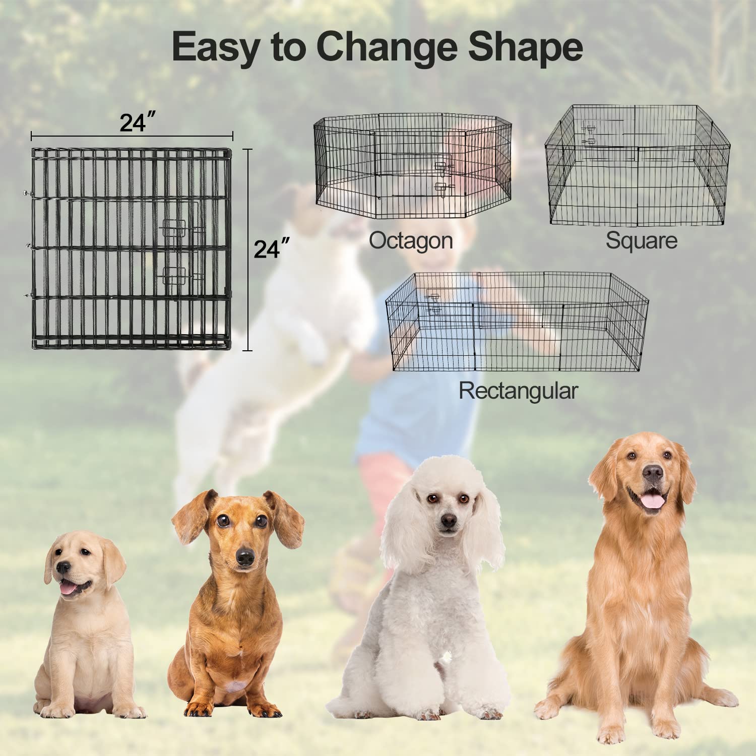 Pjyucien Dog Playpen - Metal Foldable Dog Exercise Pen, Pet Fence Puppy Crate Kennel Indoor Outdoor With 8 Panels 24”H & Top Cover And Bottom Pad For Small Medium Pets