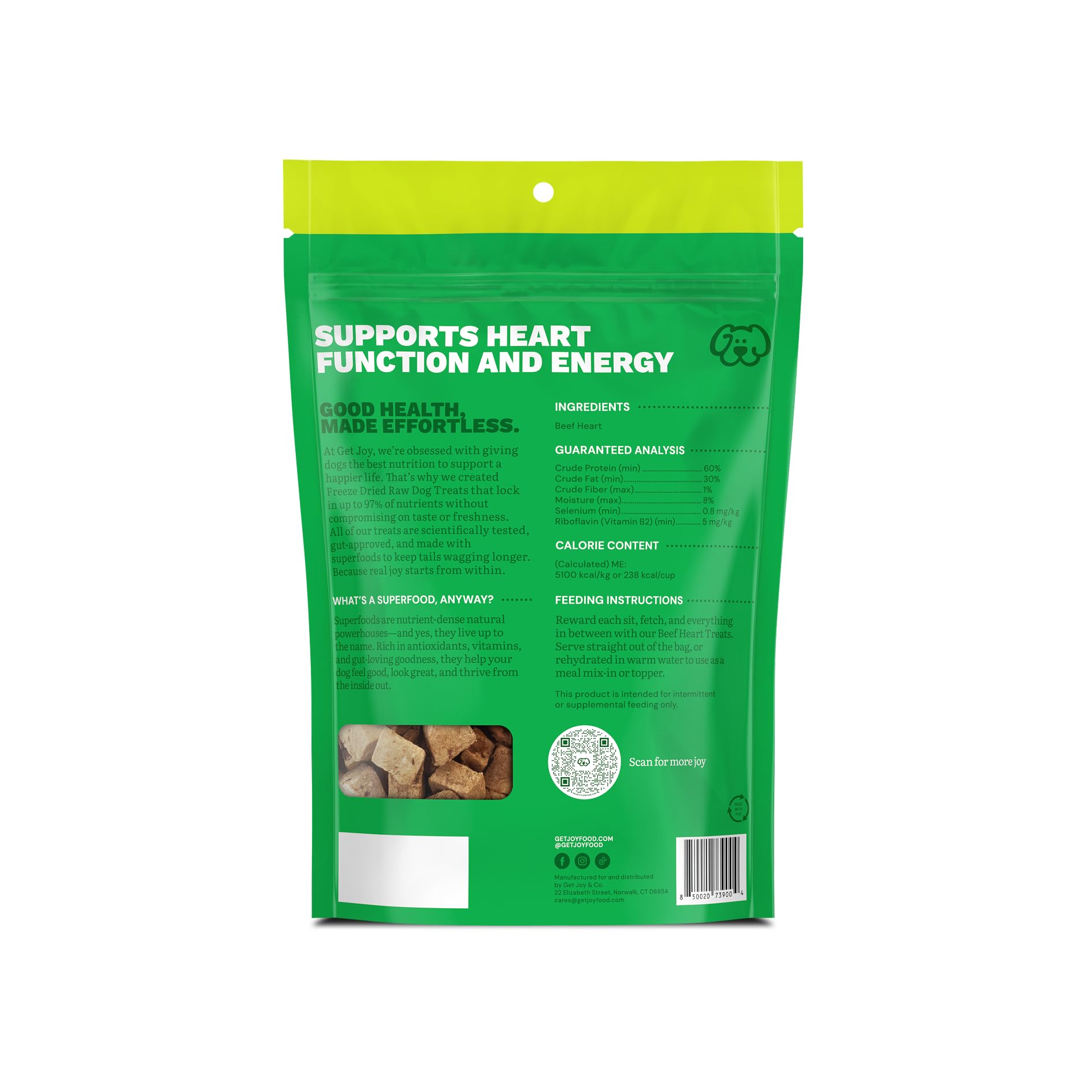 Get Joy Freeze Dried Superfood 100% Beef Heart Dog Treats, 4 Ounce Bag, Single Ingredient Organ Meat, High Protein, Heart Health