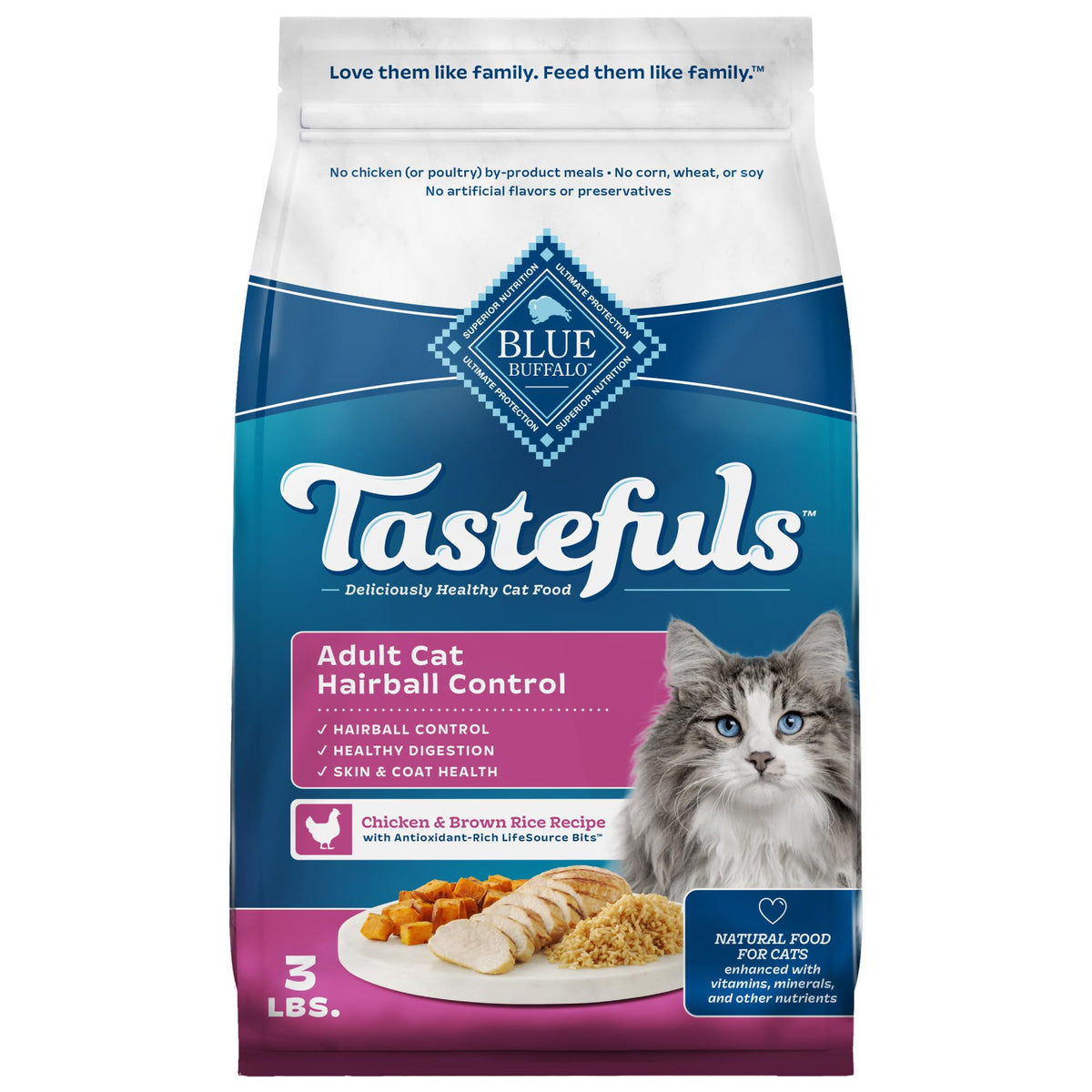 Blue Buffalo Tastefuls Adult Hairball Care Dry Cat Food, Made In The Usa With Natural Ingredients, Chicken & Brown Rice Recipe, 3-Lb. Bag