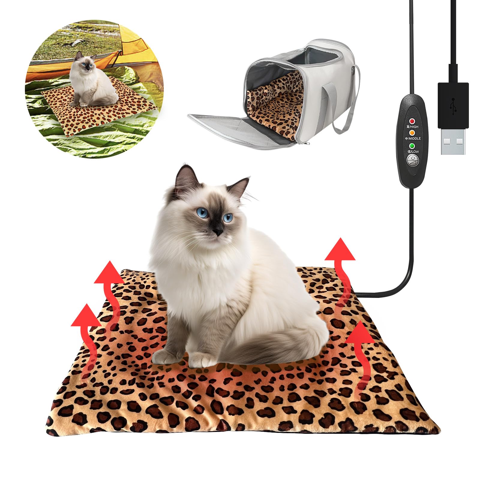 GooCare USB Heating Warmer Pad Bed for Cat, Small Dog and Pet, Safe 5V2A Power-Bank Battery Operated, 3-Temperature Settings, Wa