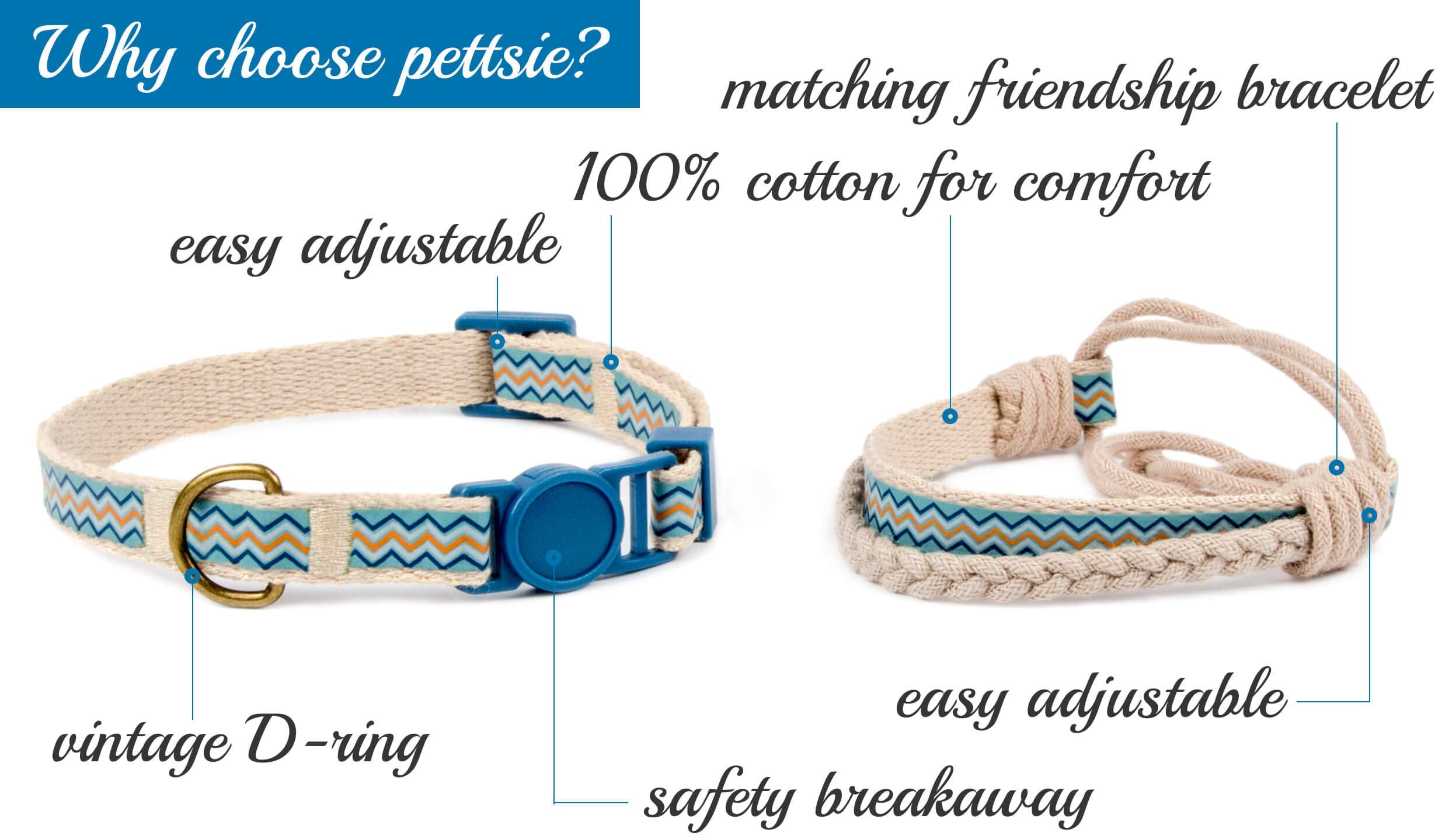 Pettsie Easy Adjustable Cat Collar Set, Safety Breakaway Buckle, Matching Friendship Bracelet, Soft Cotton For Sensitive Skin, Ideal For Kitty Lovers, Fits Neck Sizes 7.5-11.5 Inches, Blue