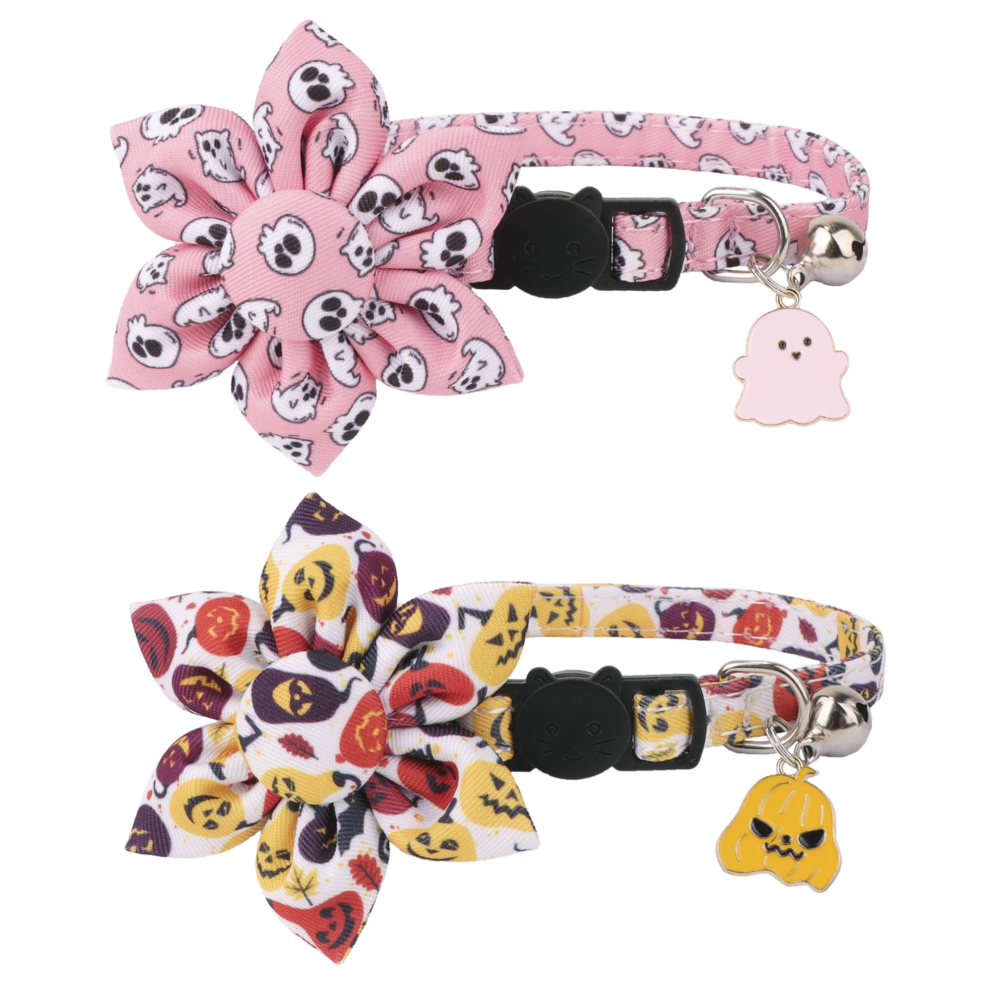 Adoggygo Halloween Cat Collar With Floral, 2 Pack Halloween Kitten Flower Collar, Pink Ghost Pumpkin Collars For Cats Kittens