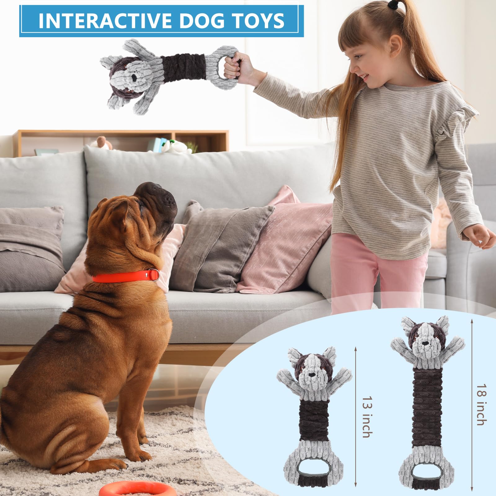 Letsmeet Plush Dog Squeak Toys With Crinkle Paper - Pull Interactive Tug Of War Dog Toy, Great For Dental Health, Strengthening