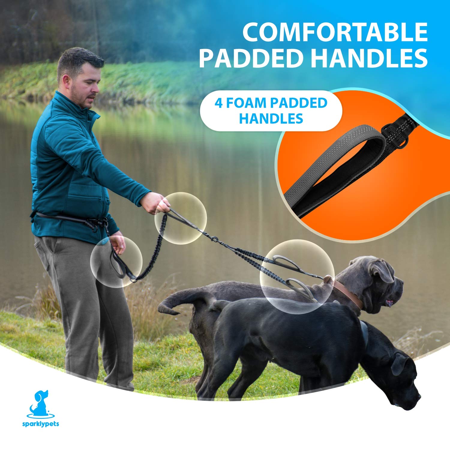 Sparklypets Hands Free Double Dog Leash - Dual Dog Leash For Medium And Large Dogs - Dog Leash For 2 Dogs With Padded Handles, Reflective Stitches, No Pull, Tangle Free Gray
