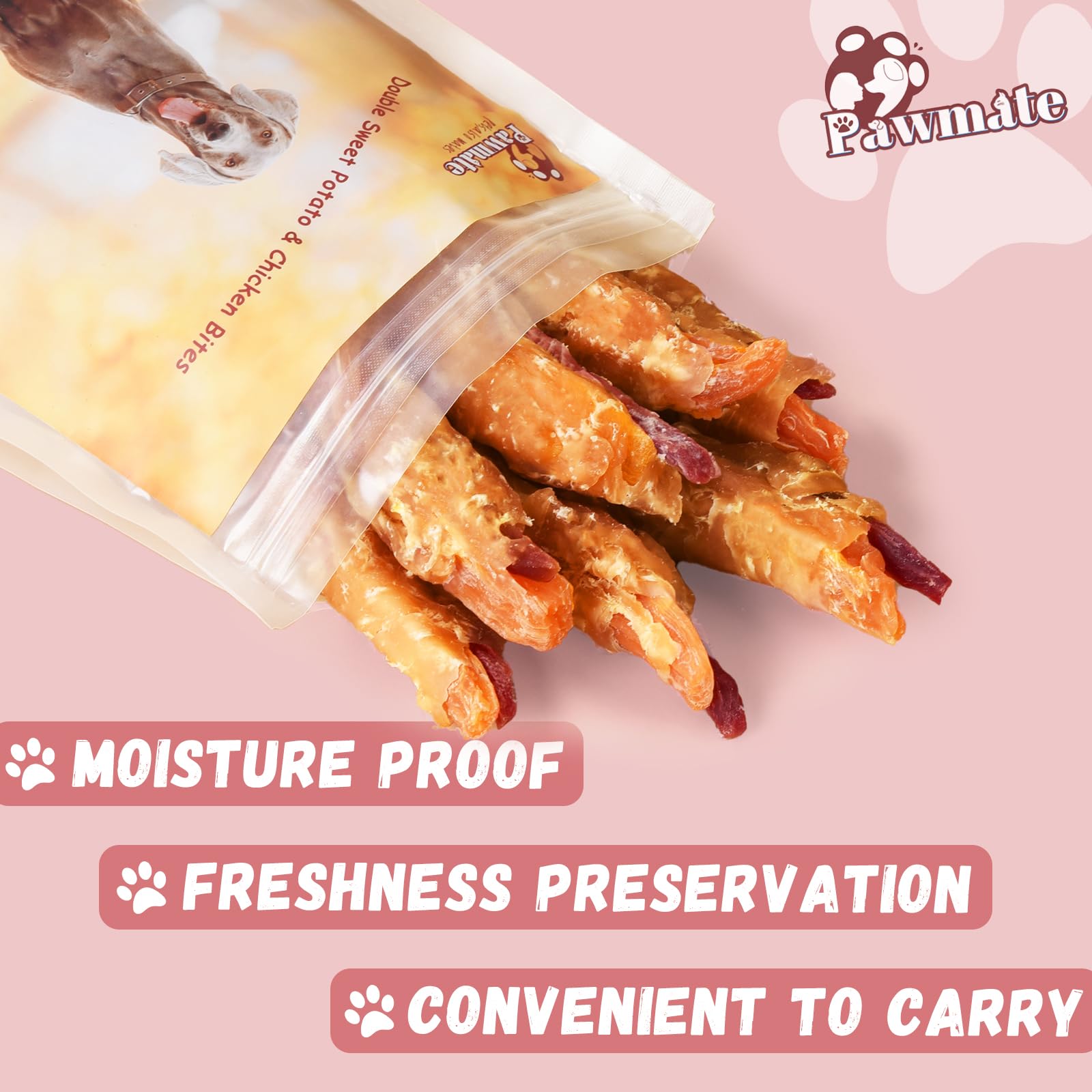 Pawmate Dog Treats, Double Sweet Potato Chicken Jerky Wrapps Healthy Rawhide-Free Dog Treats Chicken Jerky Low Fat High Protein