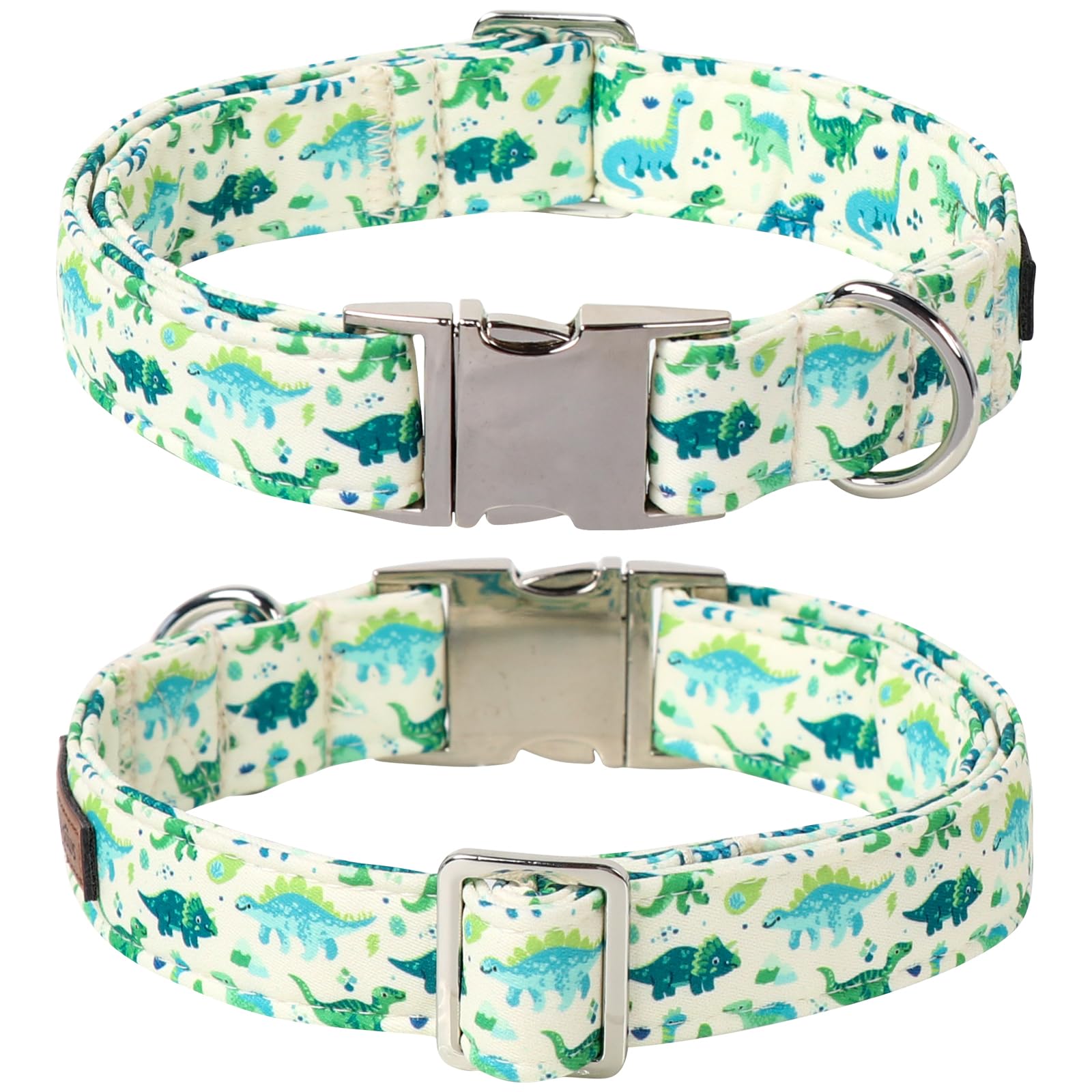 Lionet Paws Dinosaur Dog Collar With Bowtie, Cute Summer Beige Dog Collar For Girl For Medium Dogs, Adjustable Cotton Pet Collar