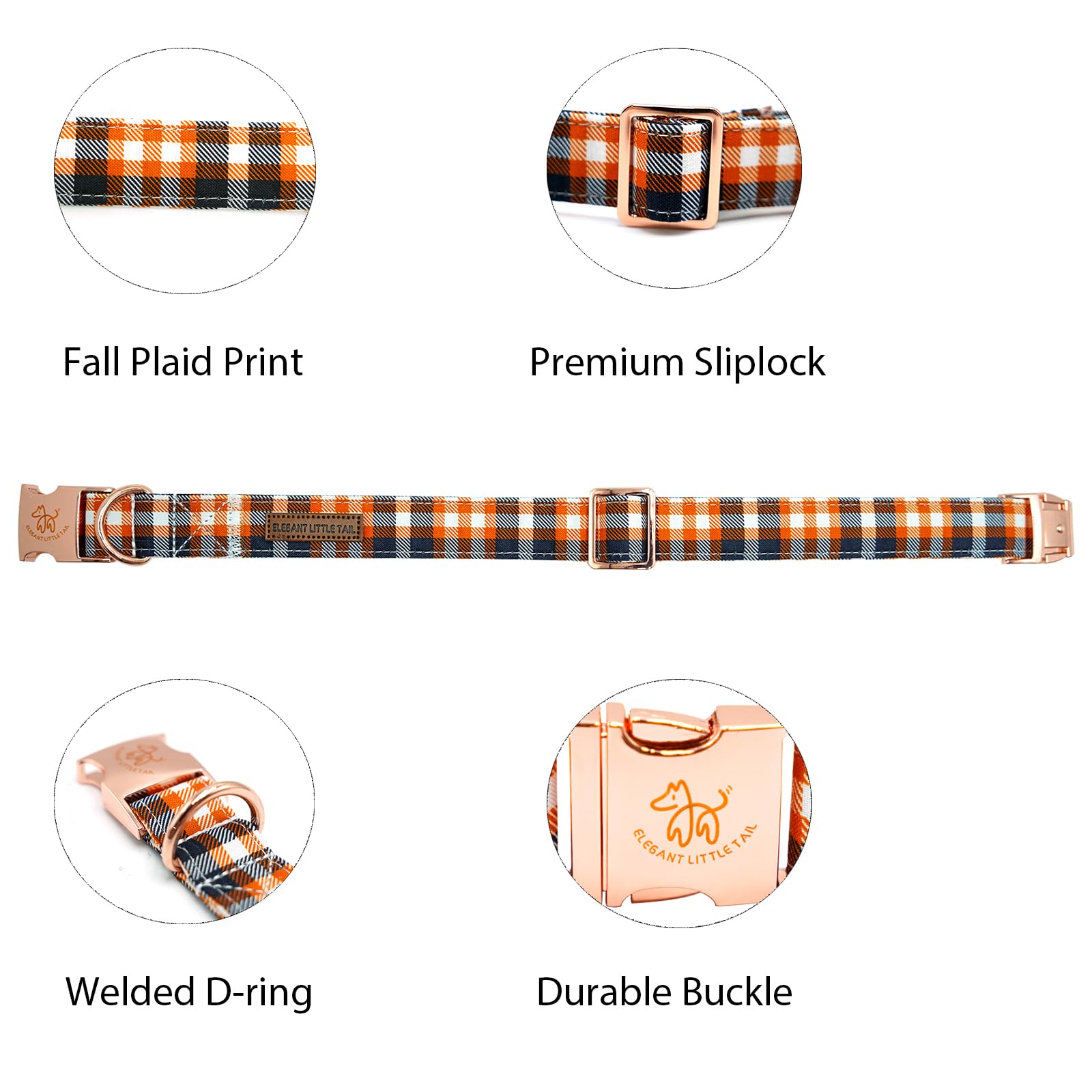 Elegant Little Tail Dog Collar, Fall Dog Collar Orange Plaid Pet Collar Dog Girl Boy Pet Collar Puppy Collar Cotton With Metal B