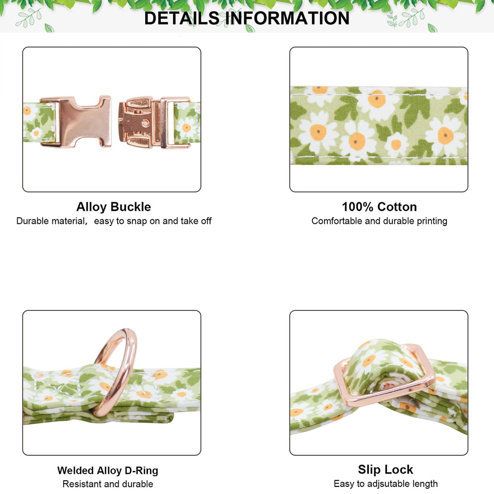 Metal Buckle Dog Collar, Durable Adjustable Dog Collar Soft For Small Medium Large Dogs (003-Green Flower, S(10-14In)