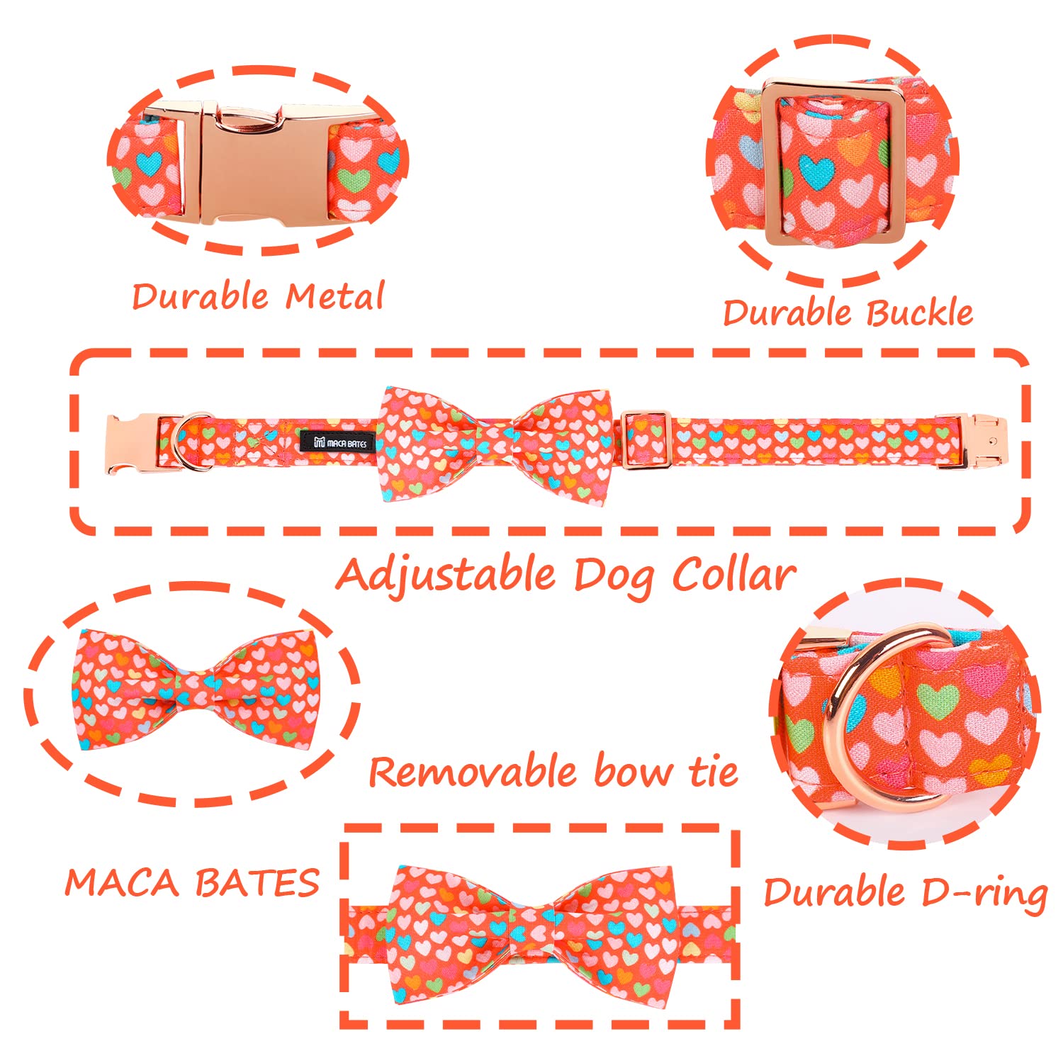 MACA Bates Valentines Dog Collar with Bow Flower Bow tie Sweet Heart Adjustable Collars for Small Medium Large Dogs with Metal B