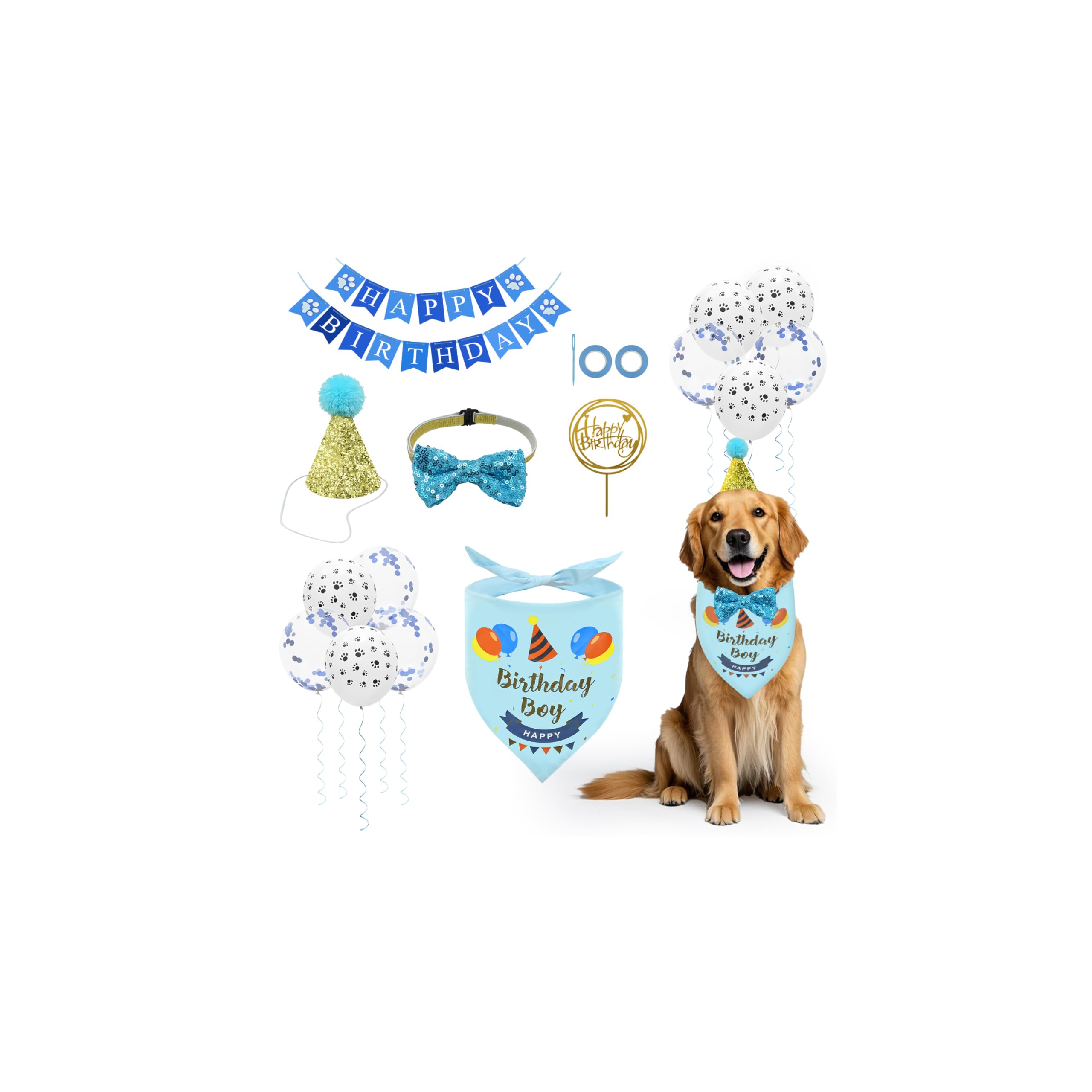 Enmaipet Dog Birthday Party Supplies, Blue Dog Bandana Set With Hat, Scarf, Banner, Balloons And Bowtie For Small To Large Dogs