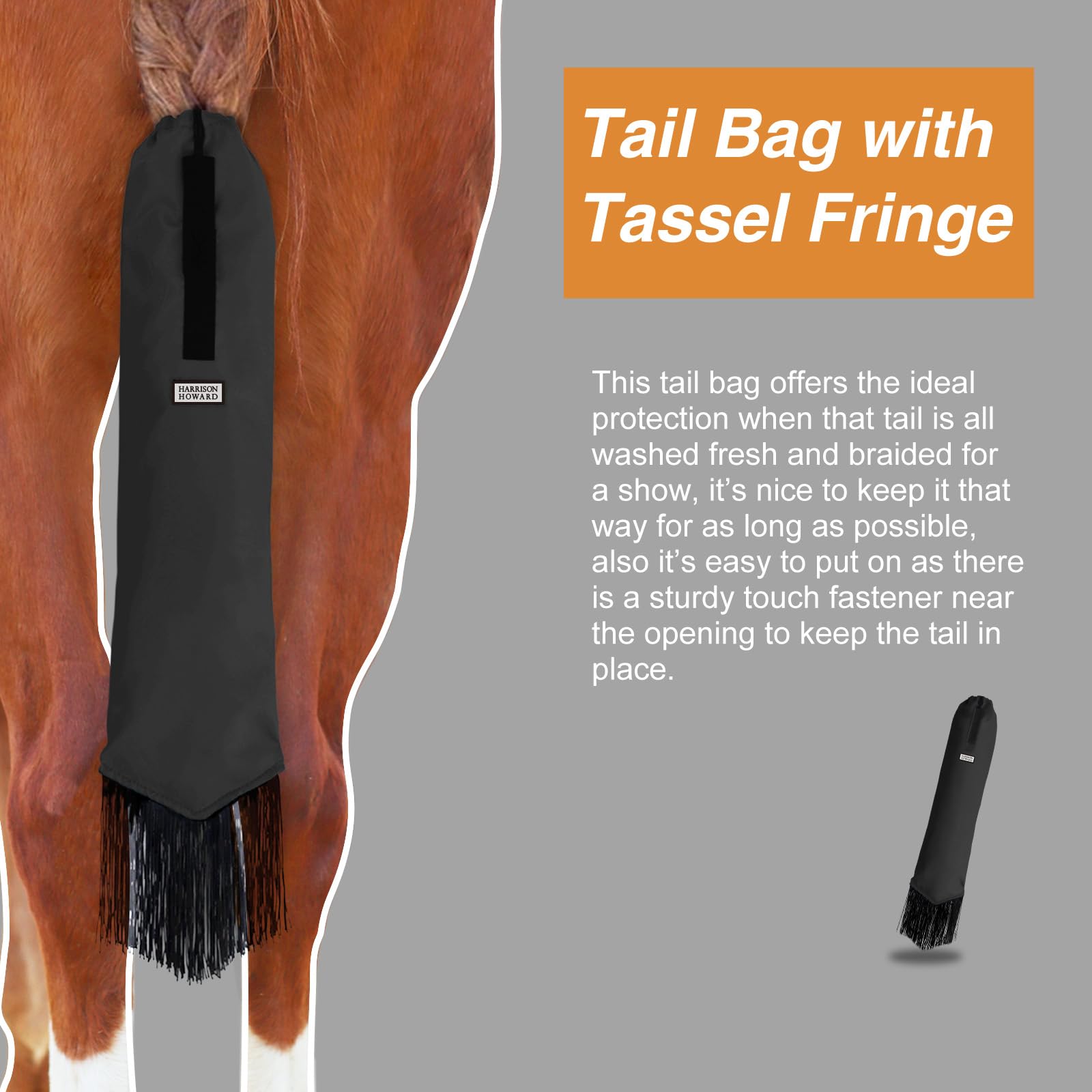 Harrison Howard Smooth Lightweight Adjustable Fastener Nylon Horse Tail Bag With Fringe-Mars Black