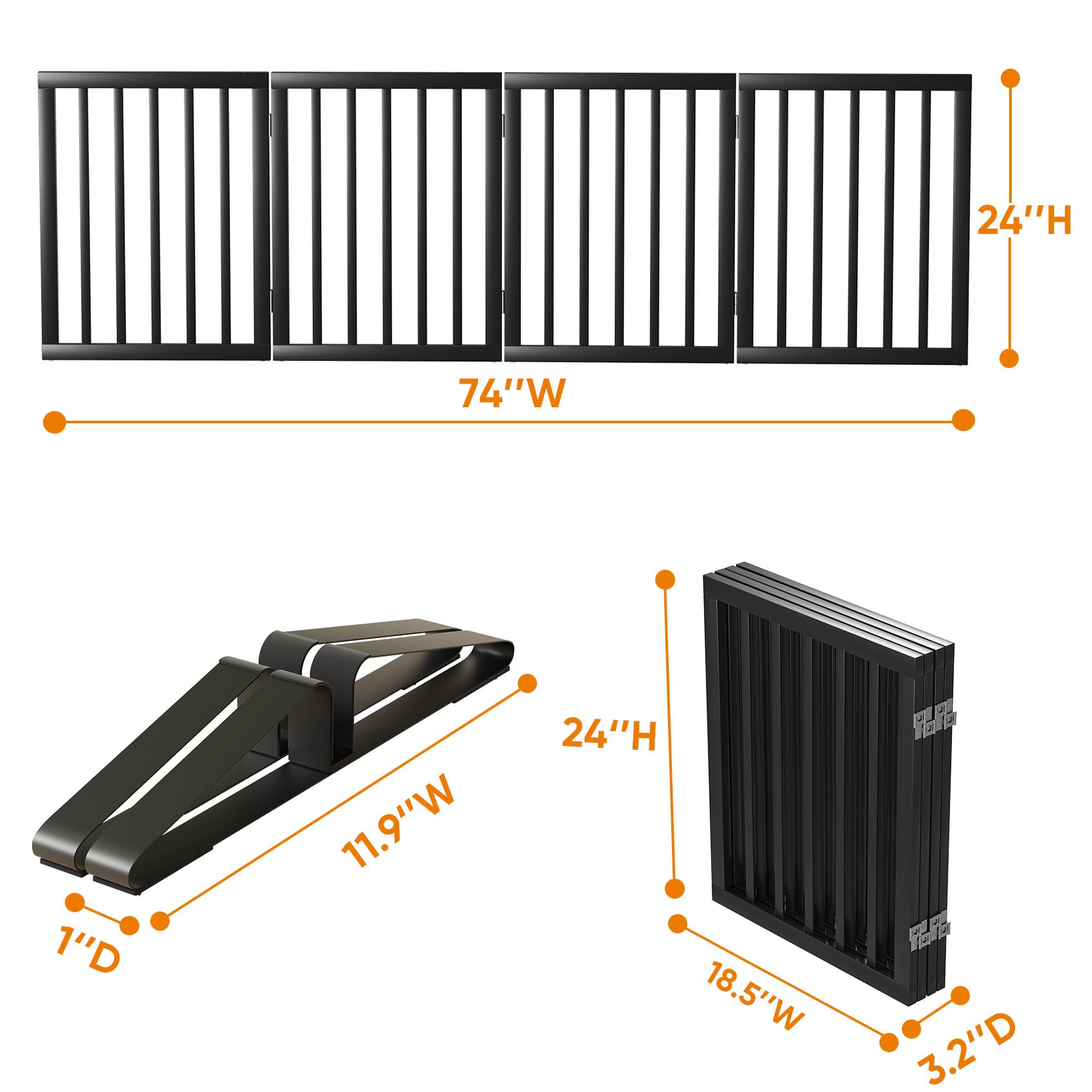 Mino Kesper Black 37-74 Dog Gate Foldable Dog Gates for Doorways Stairs House Freestanding Pet Gate Puppy Barries 24 inches Tall