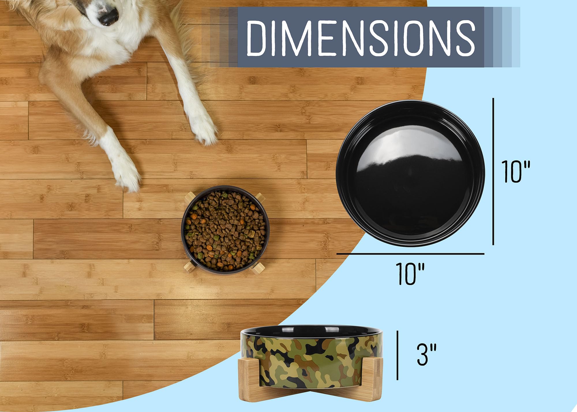 Nat & Jules Large Military Camo 8 Inch Stoneware Ceramic And Wood Pet Bowl With Stand