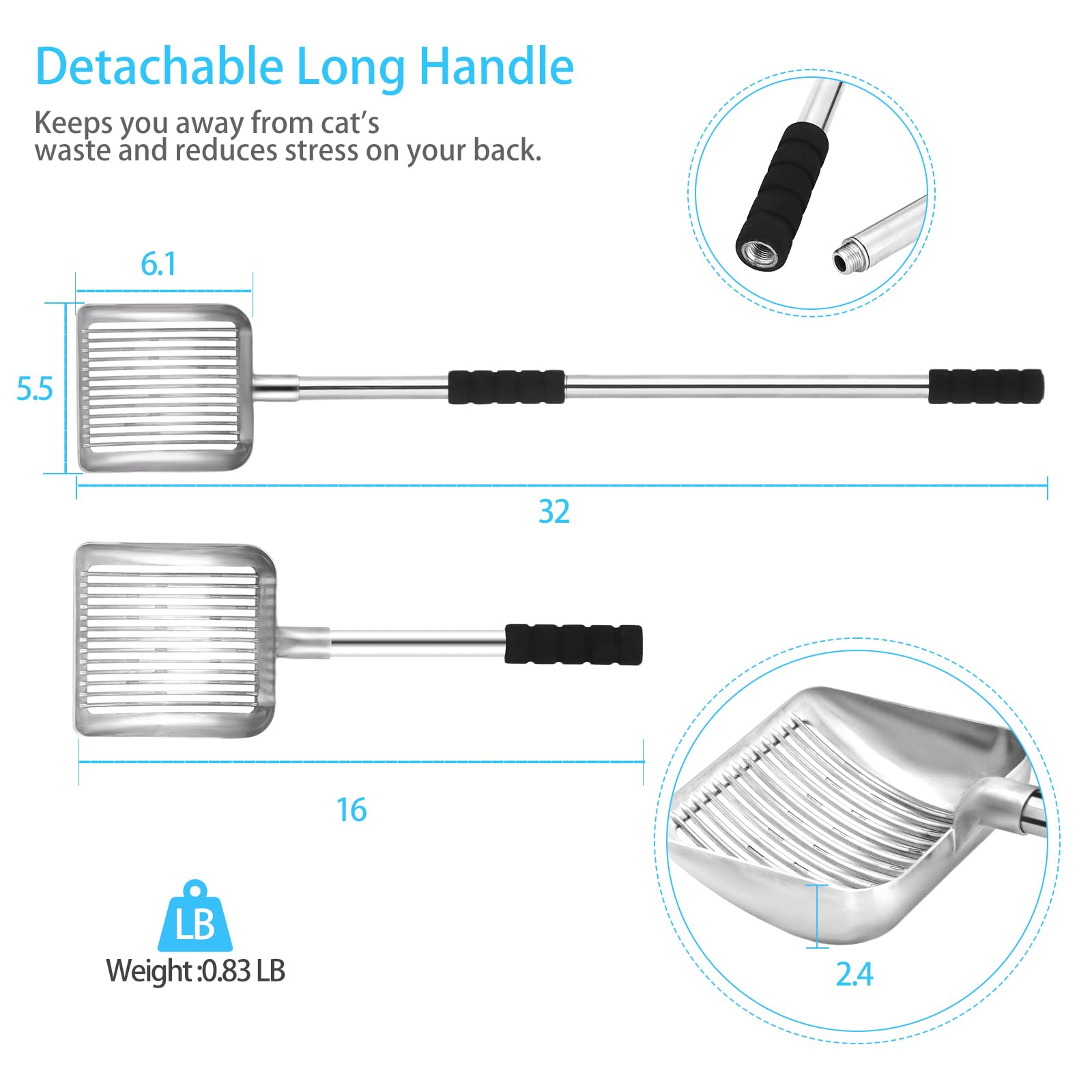 Metal Cat Litter Scoop - 32In Metal Deep Shovel - Removable Stainless Steel - No Bending Back Heavy Duty Cat Litter Scoop - Non-