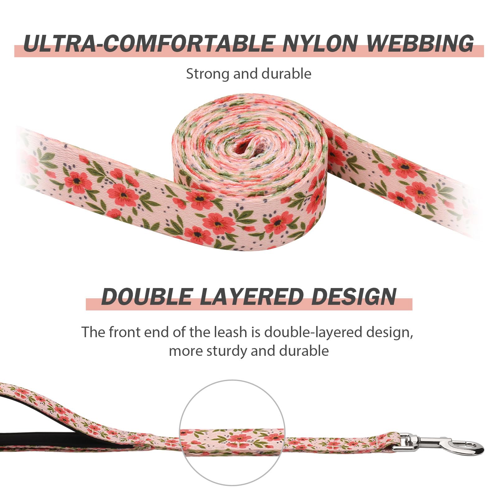 Hikiko Double Handle Dog Leash 6 Foot Cute Girl Padded Traffic Handles For Walking Training (Cream Natural Floral, 6Ft)