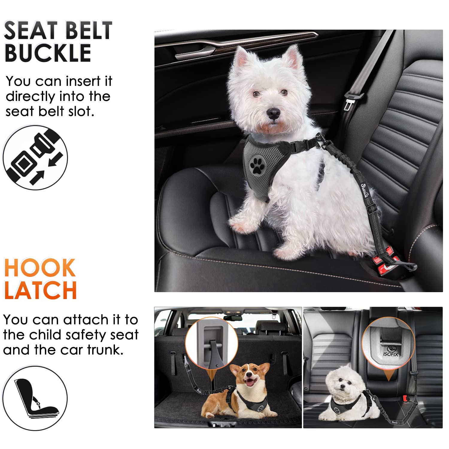 Slowton Dog Seat Belt, Adjustable Dog Safety Belt Leash, 2 In 1 Latch Bar Attachment Dog Car Seatbelt With Elastic Nylon Bungee Buffer, Reflective Nylon Belt Tether Connect To Dog Harness (2Black)