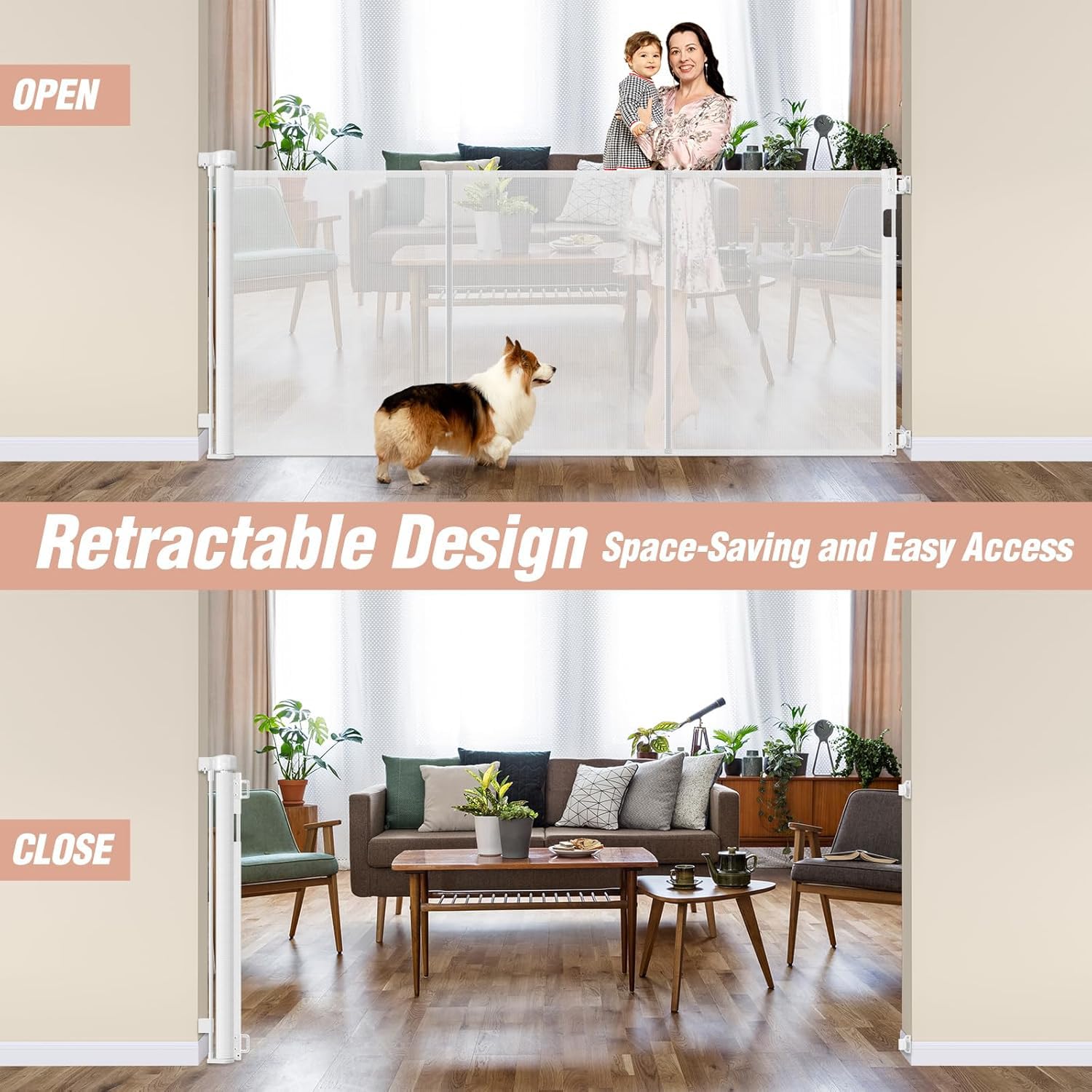 Stcockis Retractable Baby Gate - 42" Tall x 75" Wide, White, Extra Tall with Support Rods, Indoor/Outdoor Dog Gate
