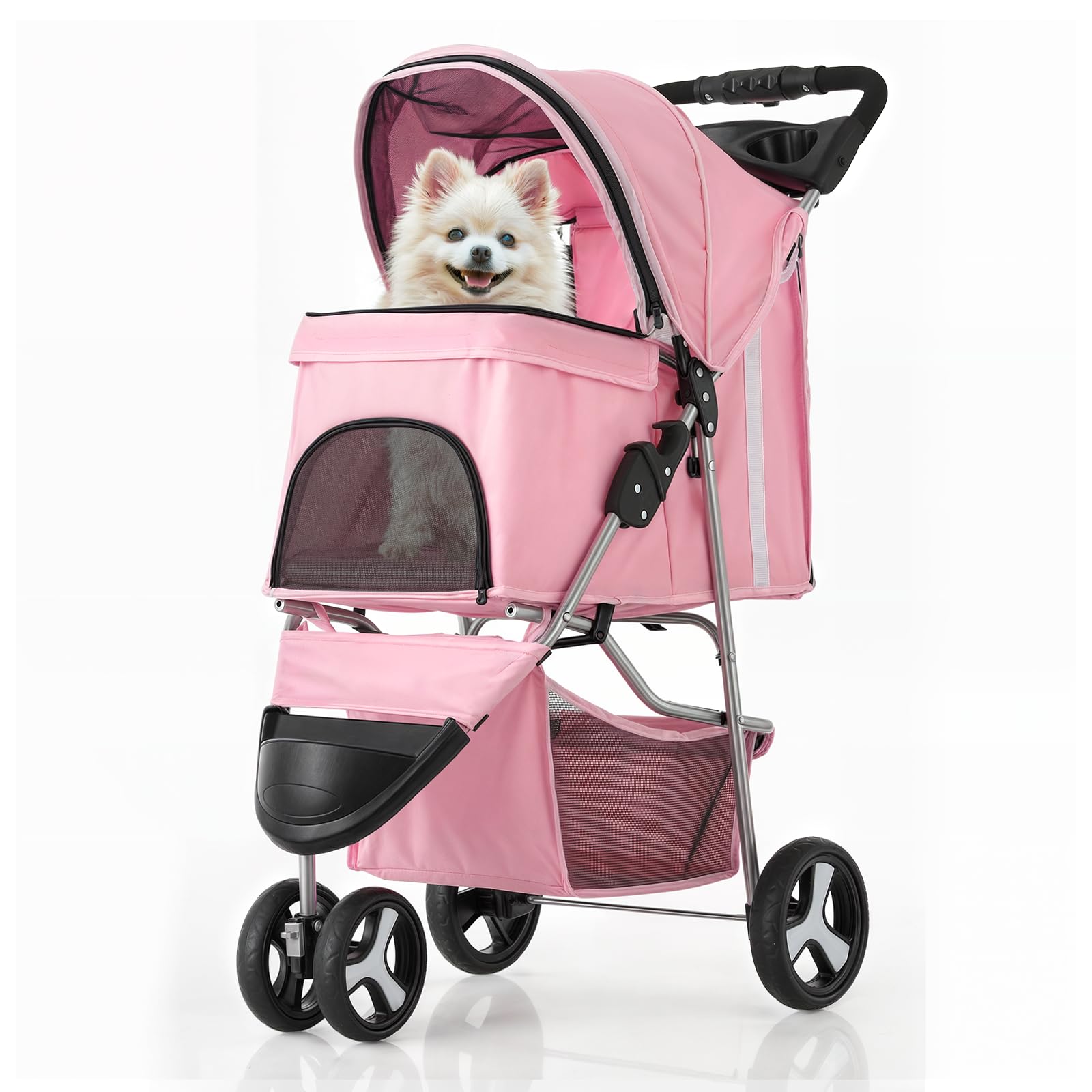 Monibloom 3-Wheels Foldable Pet Stroller With Waterproof Cover, Pet Strolling Cart For Small/Medium Dogs And Cats With Storage Basket And Cup Holder, Breathable And Visible Mesh For All-Season, Pink