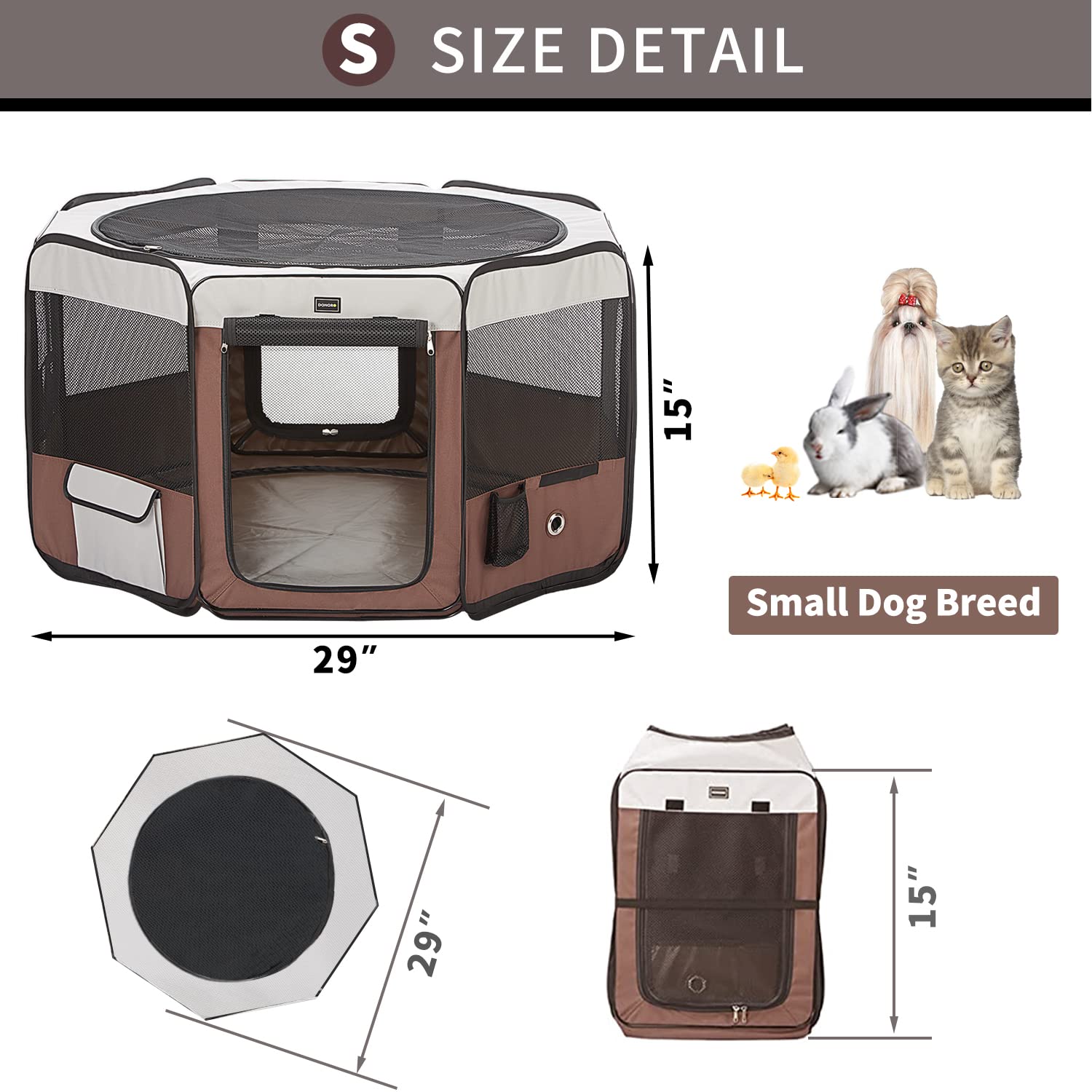 Donoro Dog Playpen 29' Portable Pet Play Pens For Small Dog/Cat/Rabbit/Chicks, Foldable Exercise Kennel Tent Crate Indoor/Outdoor Travel Camping, Removable Top/Bottom (Brown, Small (29'X29'X15'), 8)