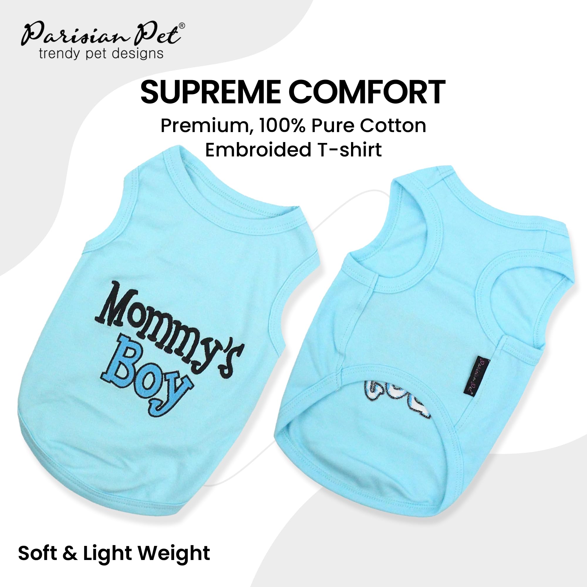 Parisian Pet Dog T-Shirt With Embroidered 'Mommy’S Boy' Words - 100% Cotton Boy Dog Clothes - Breathable Mamas Boy Dog Shirt - Machine Washable Dog Shirt For Large Dogs, L