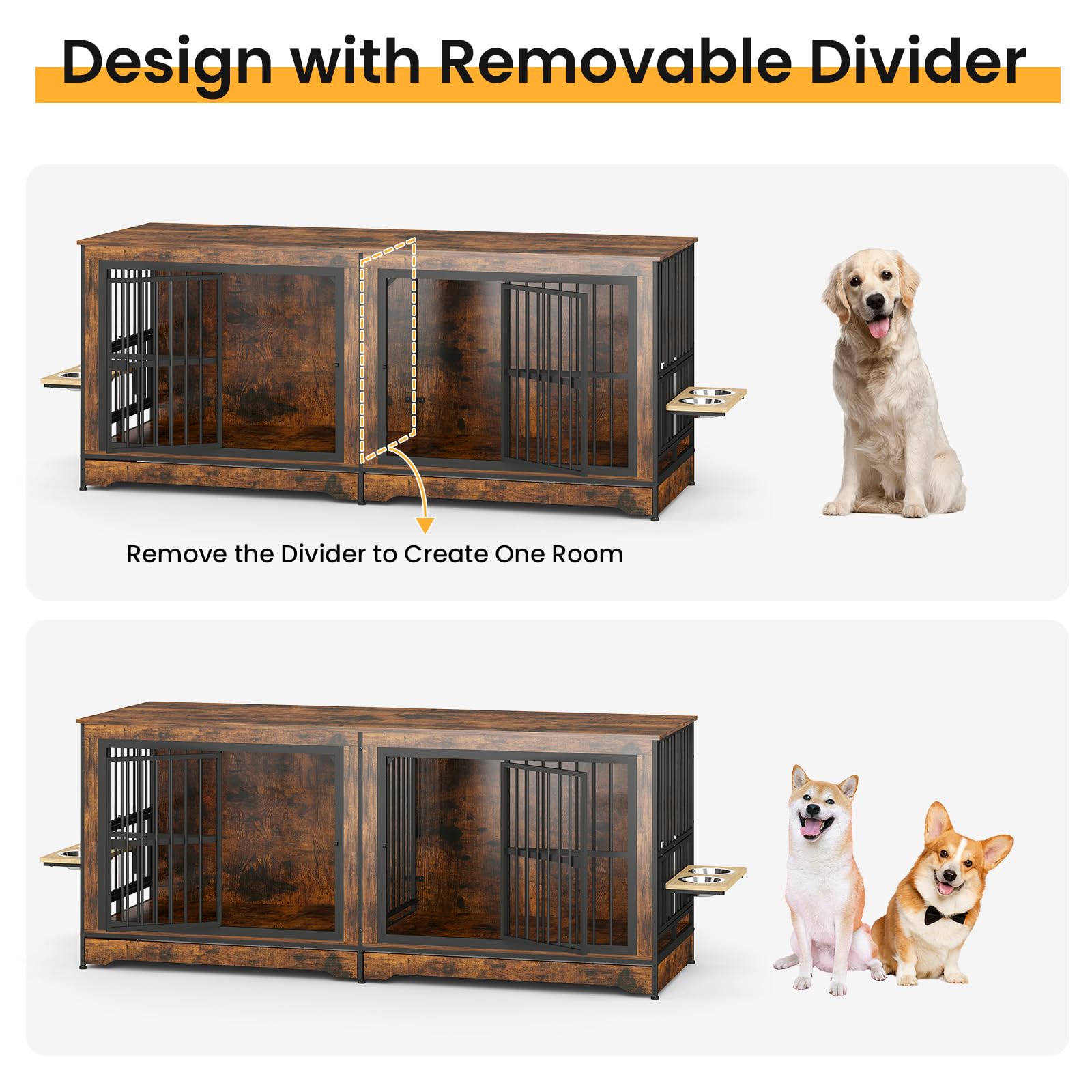 Yafylly 78 Dog Crate Furniture with 4 Dog Bowls, Extra Large Double Dog Kennel with 360 Rotating and Adjustable Height Bowl Ho