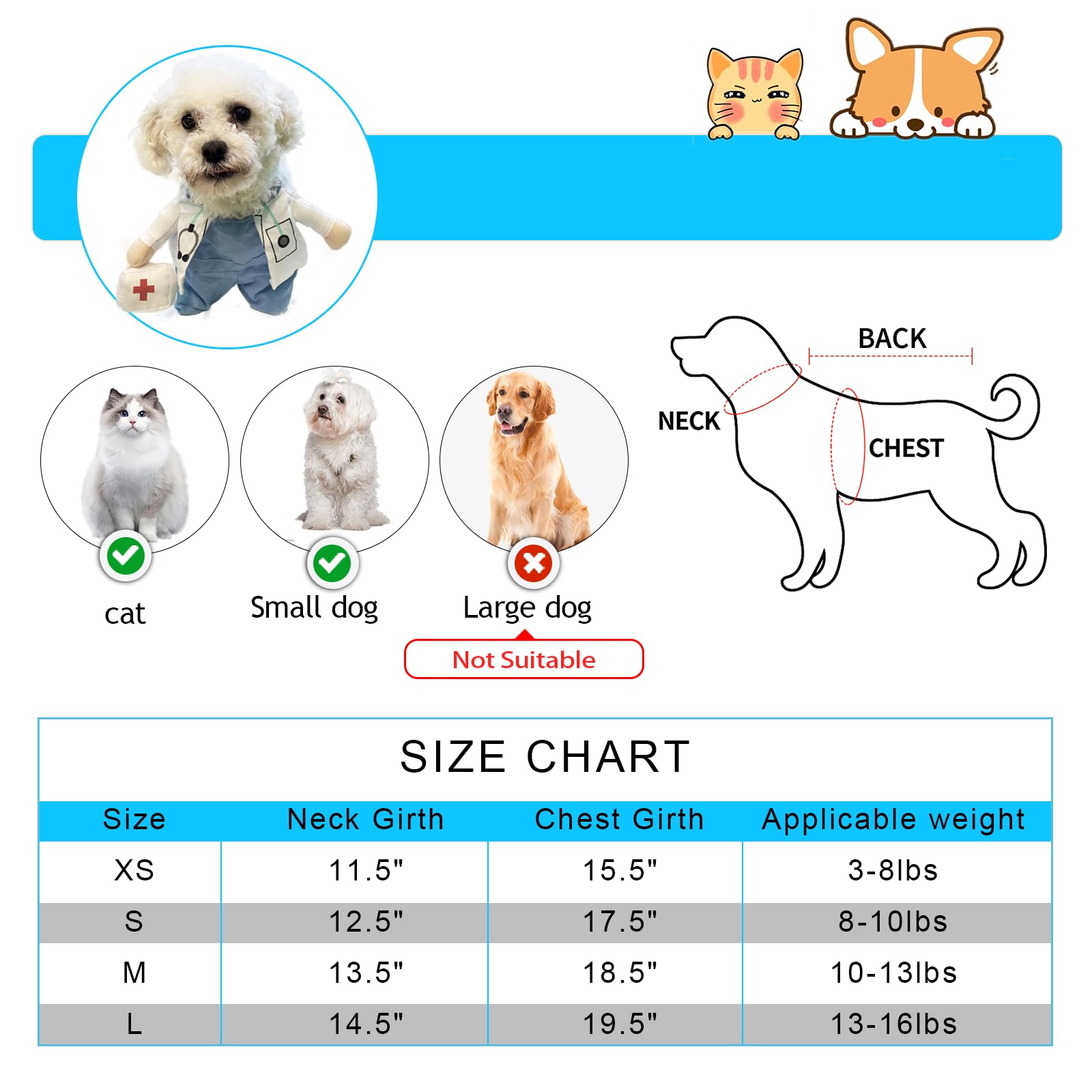 Dog Halloween Costume Cat Doctor Costume Pet Doctor Uniform Funny By Delifur (Doctor, L) White