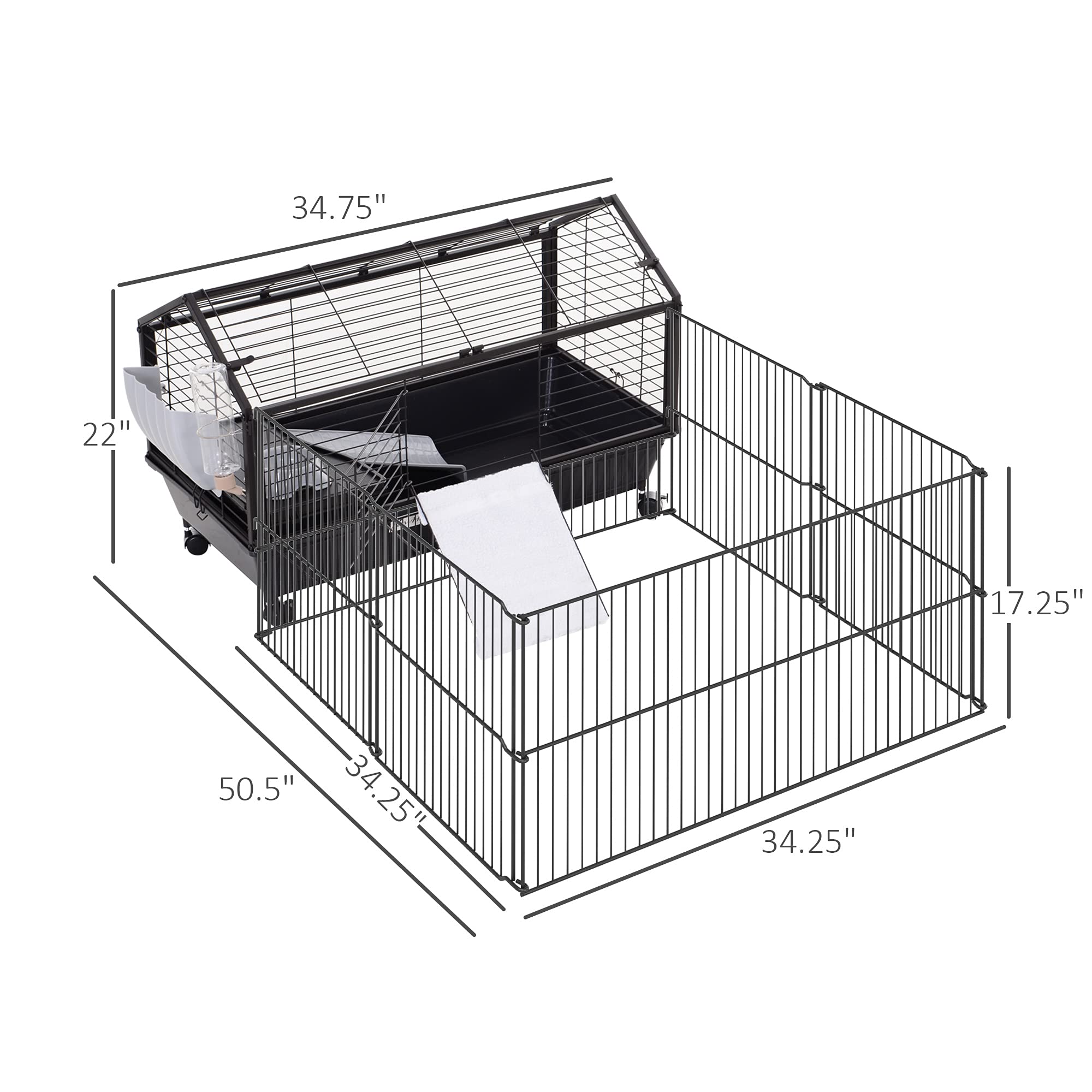 Pawhut Small Animal Cage With Foldable Run Area, Rolling Bunny Cage, Guinea Pig Cage, Hedgehog Cage With Water Bottle, Water Bowl, And Ramps, 35' L