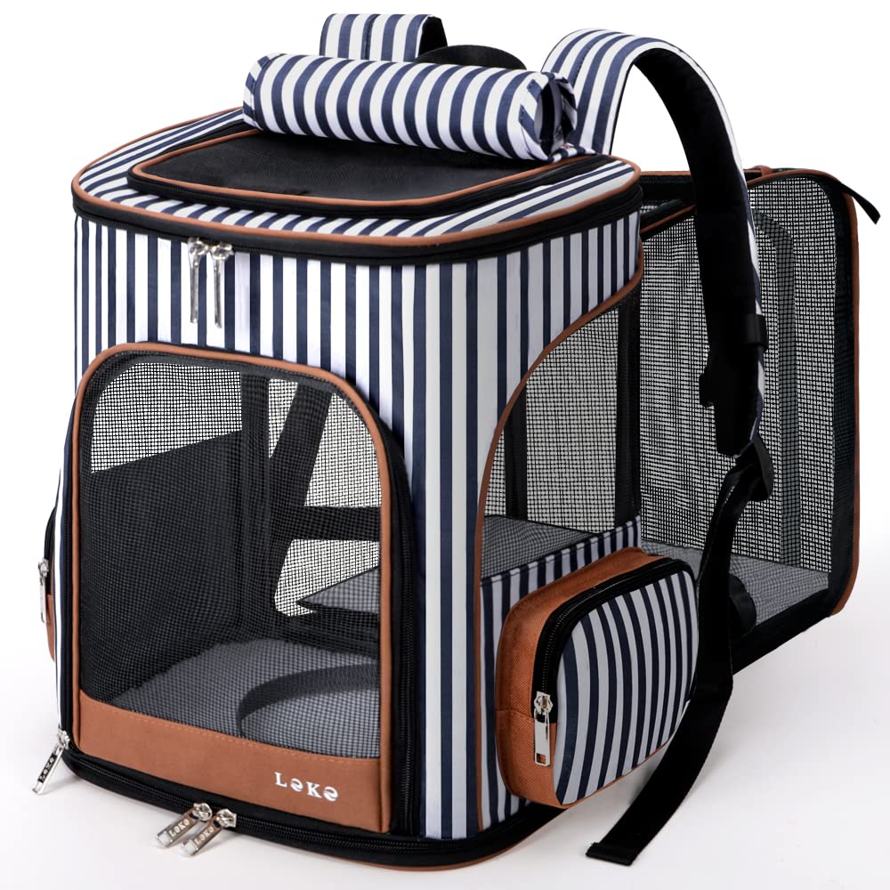 Lekereise Large Cat Backpack Expandable Pet Backpack Carrier For Small Medium Dogs Cats, Dog Carrier Backpack With Breathable Mesh And Inner Safety Leash, Striped