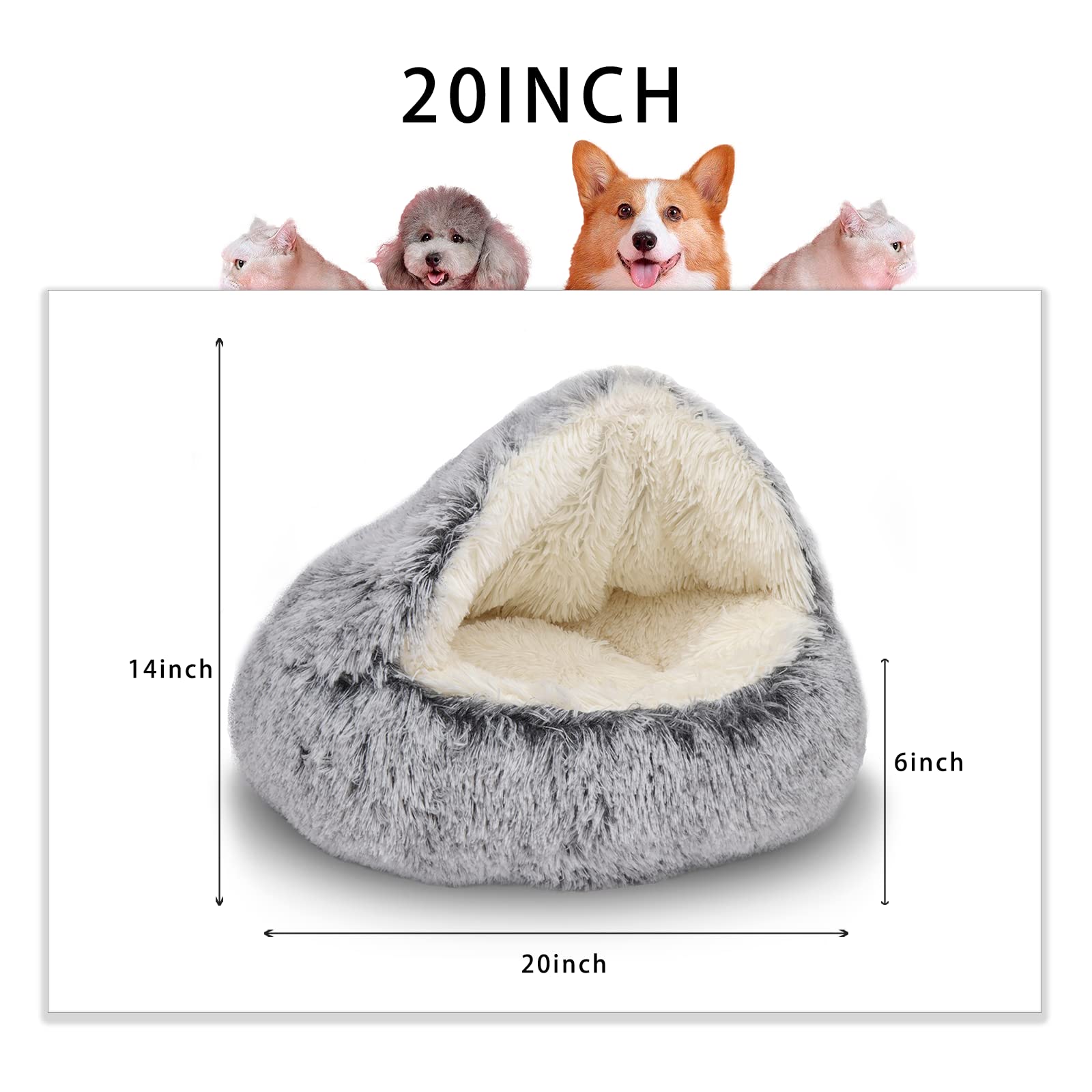 Shinhye Cat Bed Round Plush Fluffy Hooded Cat Bed Cave, Cozy For Indoor Cats Or Small Dog Beds, Soothing Pet Beds Doughnut Calm Anti-Nxiety Dog Bed - Waterproof Bottom Washable, Grey.20 Inches