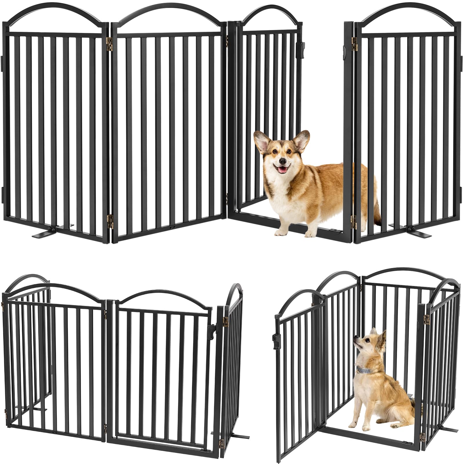 Malier Metal Freestanding Dog Gates with Door, 32'' Height Outdoor Indoor Dog Fences, 96'' Extra Wide Foldable Puppy Gate Free S
