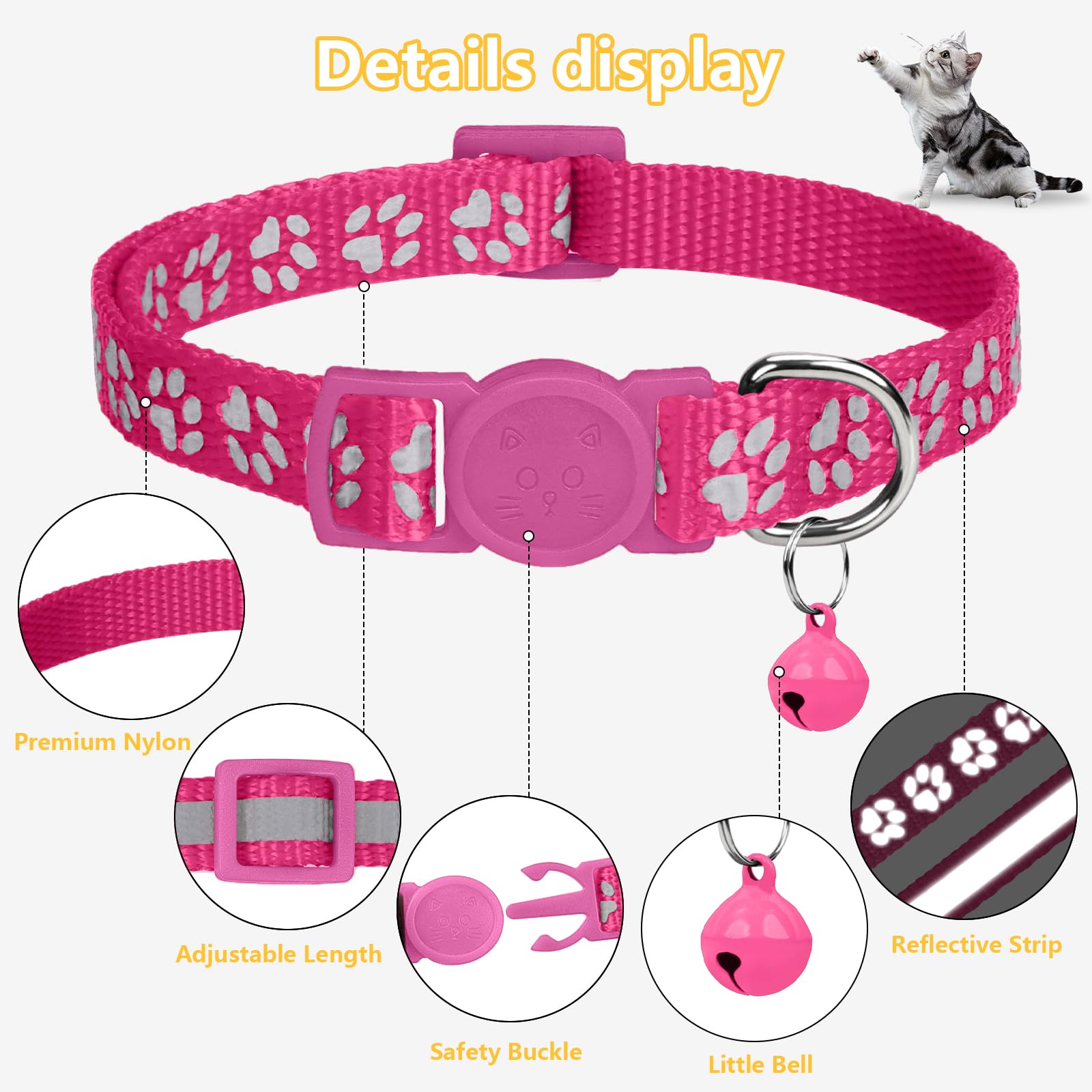 Taglory Reflective Cat Collar Breakaway With Bells, 2 Pack Girl Boy Pet Cat Collar Adjustable 7.5-12.5 Inch, Hotpink