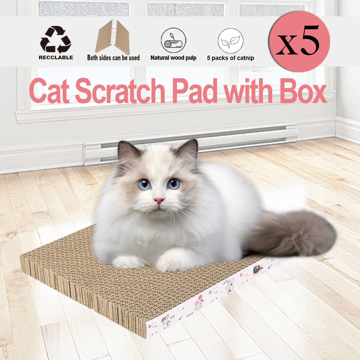 5 Packs In 1 Cat Scratch Pad With Box, Cat Scratcher Cardboard,Reversible,Durable Recyclable Cardboard, Suitable For Cats To Rest, Grind Claws And Play With Scratch Box