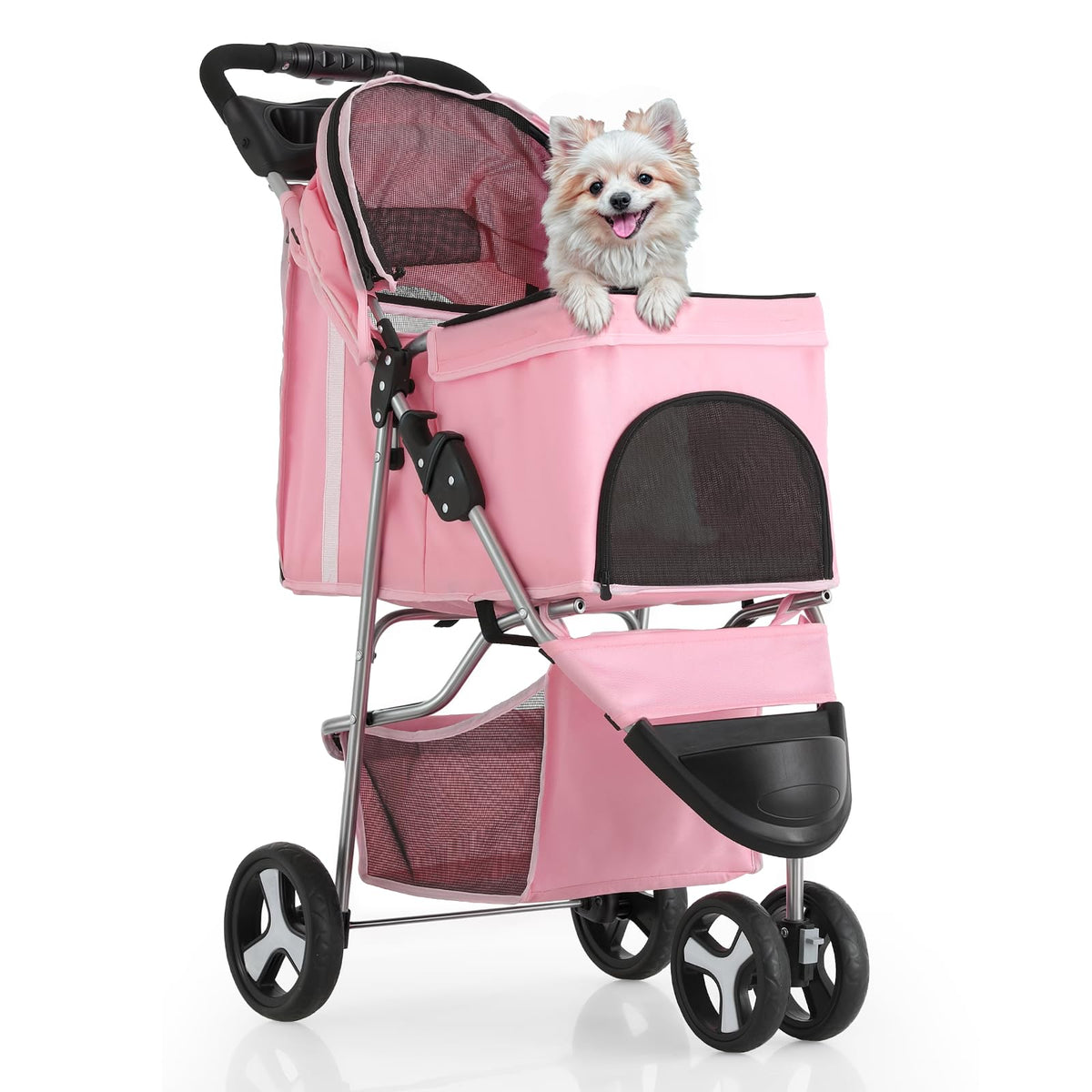 Magshion 3 Wheel Pet Cat Dog Stroller For Medium Small Dogs Cats 10-30Lbs, Foldable Carrier Doggie Travel Jogger With Cup Holder And Storage Basket, Pink