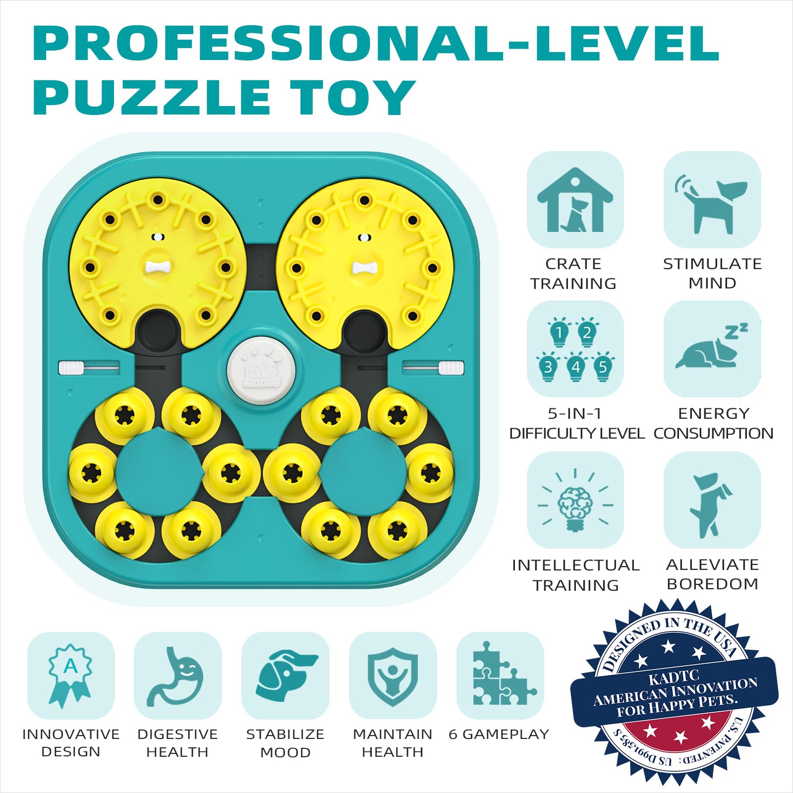 KADTC U.S. Brand & Design -5 Levels of Challenge -6 Ways to Play - Large Size Advanced Dog Puzzle Toy for Small/Medium/Large Sma