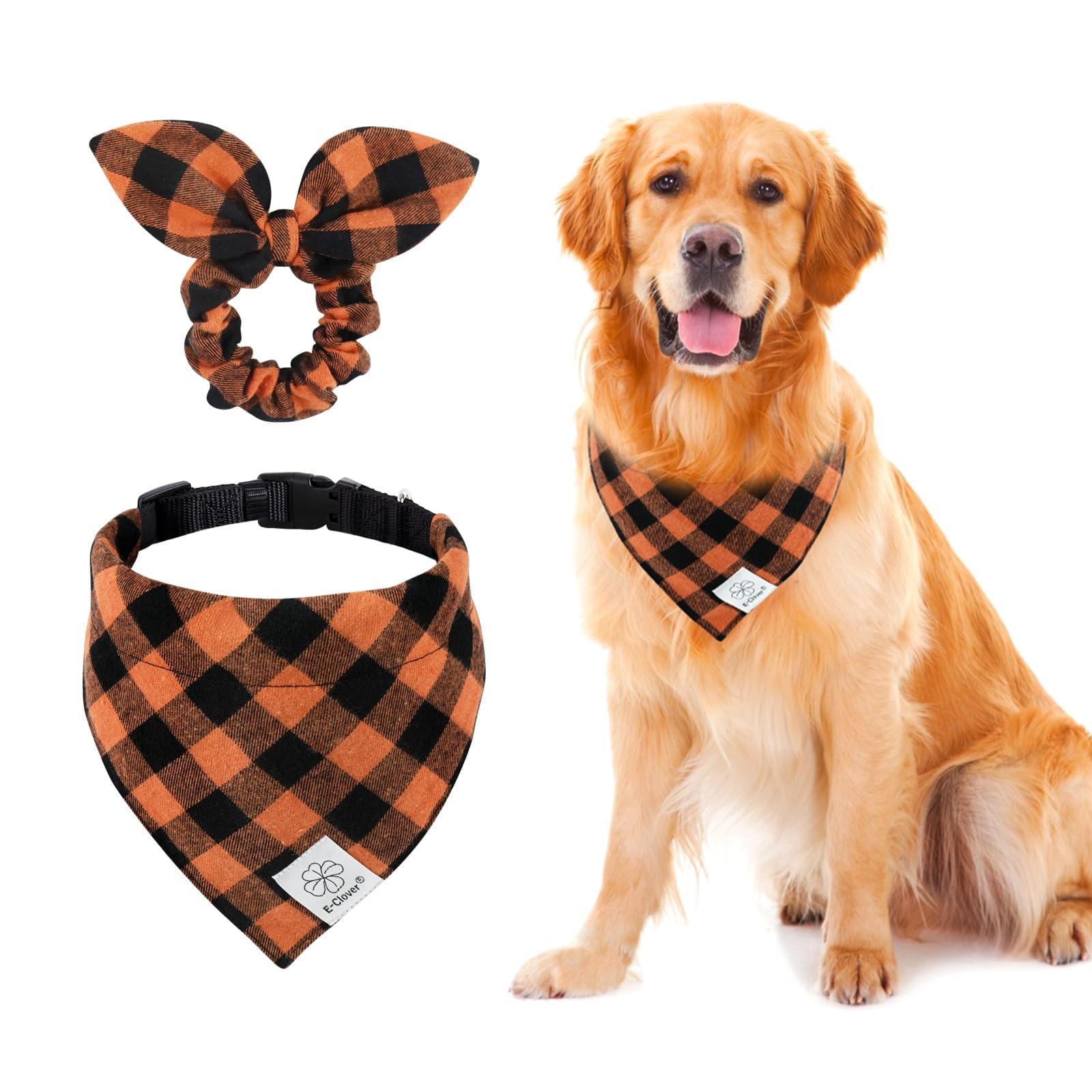 E-Clover Fall Dog Collar-Plaid Dog Collar Bandana & Matching Scrunchie Adjustable Dog Collars For Small Medium Dogs Cats Owner G