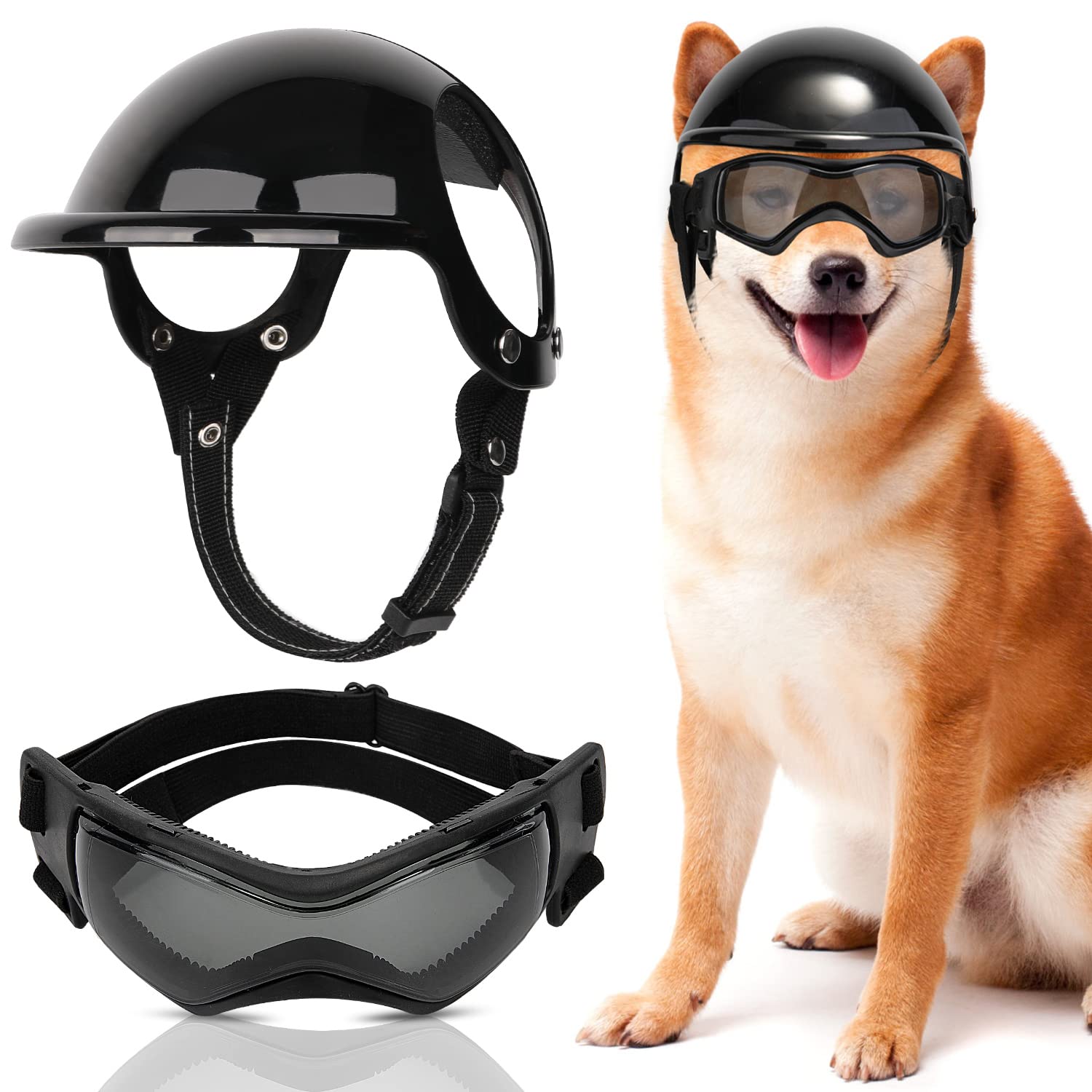 SlowTon Dog Helmet and Goggles - UV Protection Doggy Sunglasses Dog Glasses Pet Motorcycle Helmet Hat with Ear Holes Adjustable 