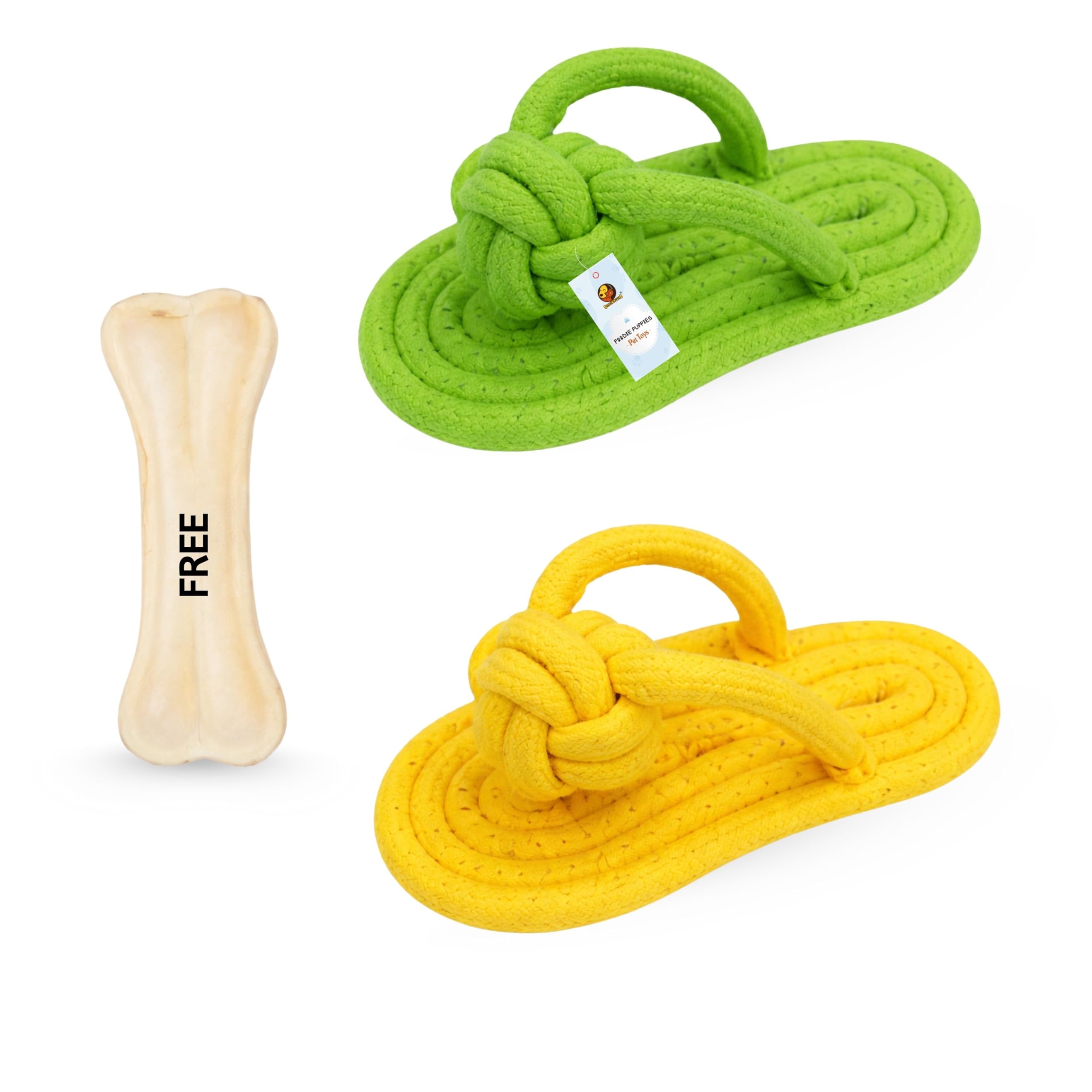 Foodie Puppies Durable Cotton Rope Chew Toy for Dogs (Slipper  Pack of 2 with 3inch Chew Bone) | Braided Cotton Chew Dog Toys f
